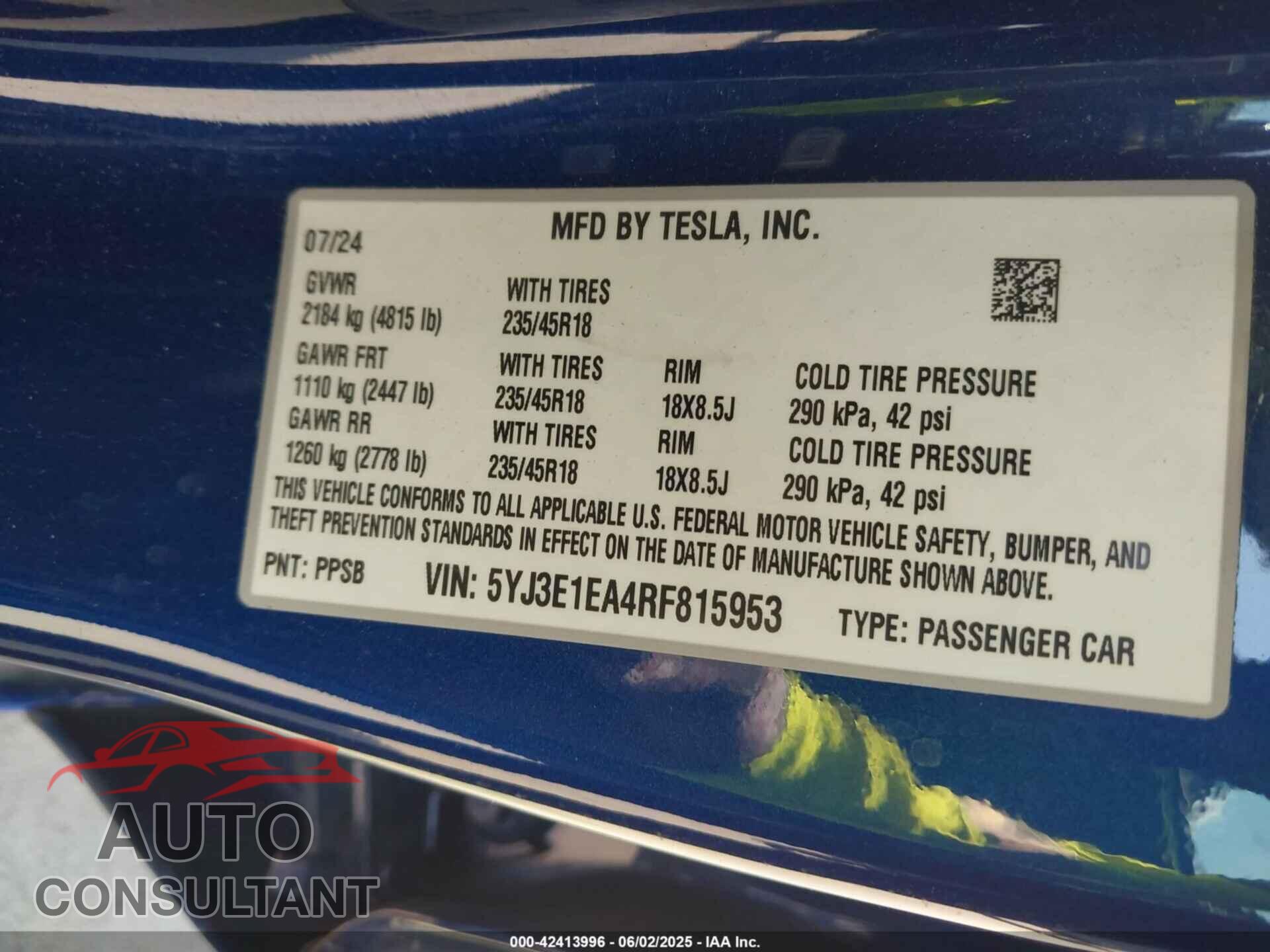 TESLA MODEL 3 2024 - 5YJ3E1EA4RF815953