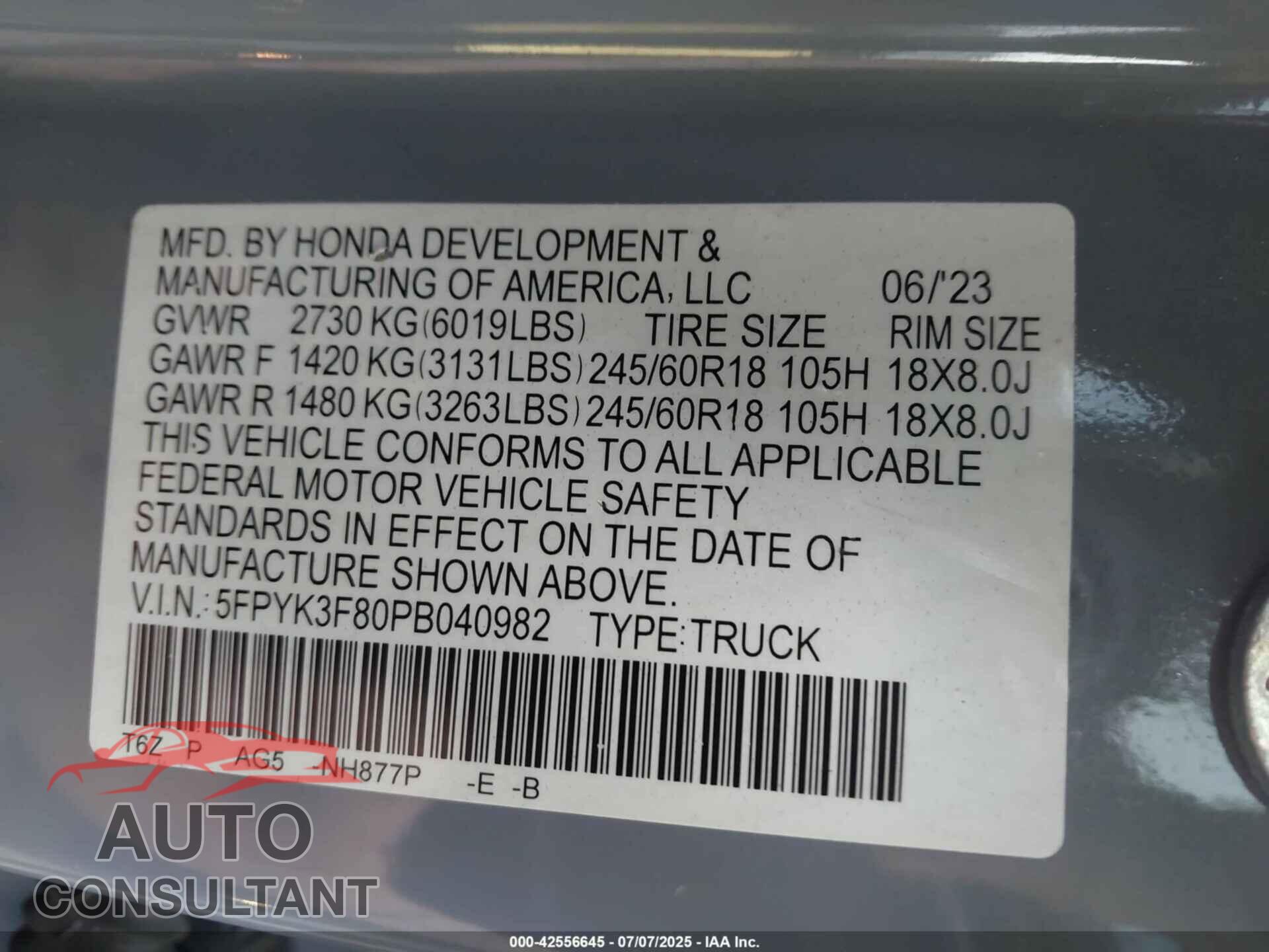 HONDA RIDGELINE 2023 - 5FPYK3F80PB040982