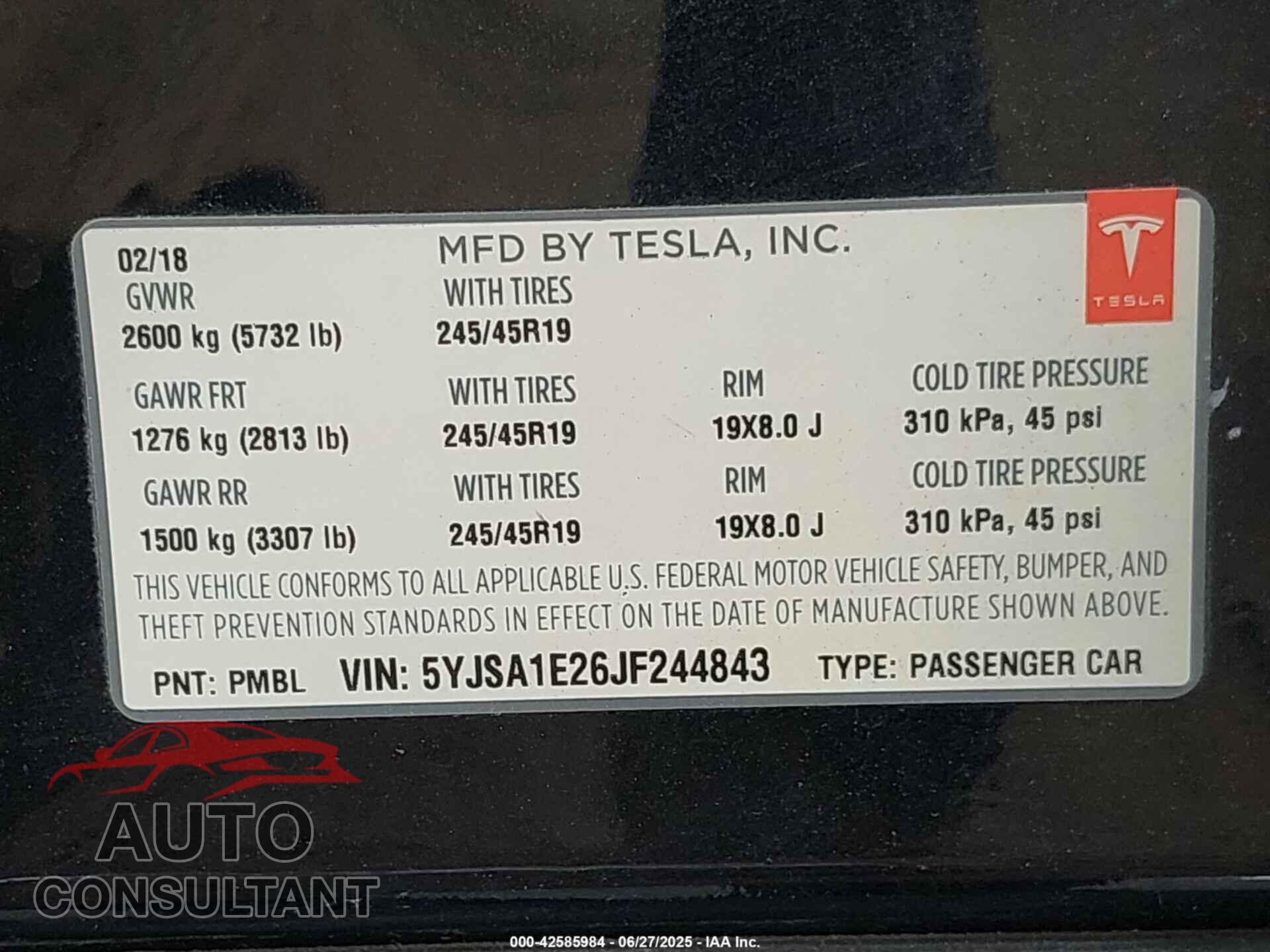 TESLA MODEL S 2018 - 5YJSA1E26JF244843