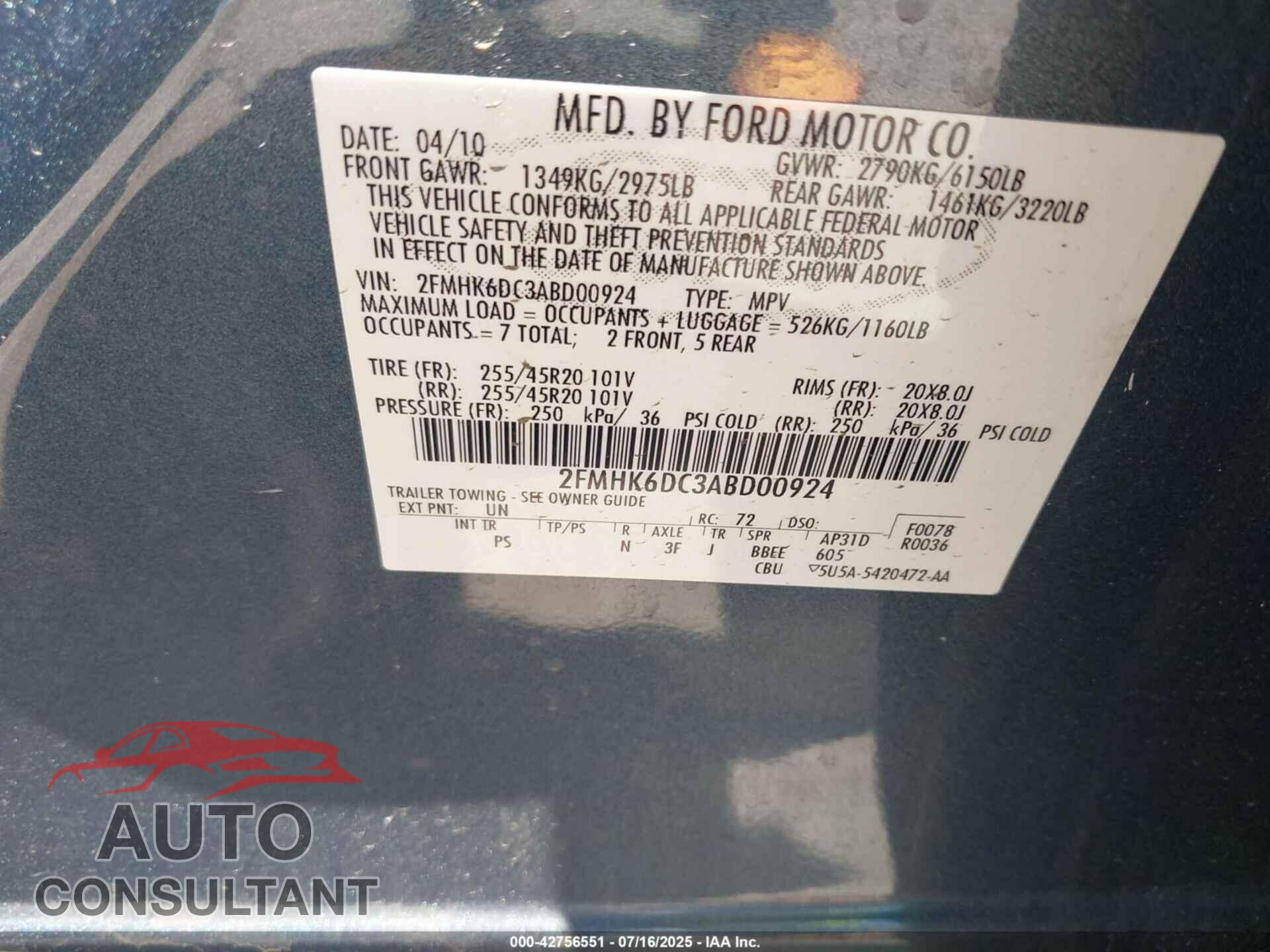 FORD FLEX 2010 - 2FMHK6DC3ABD00924