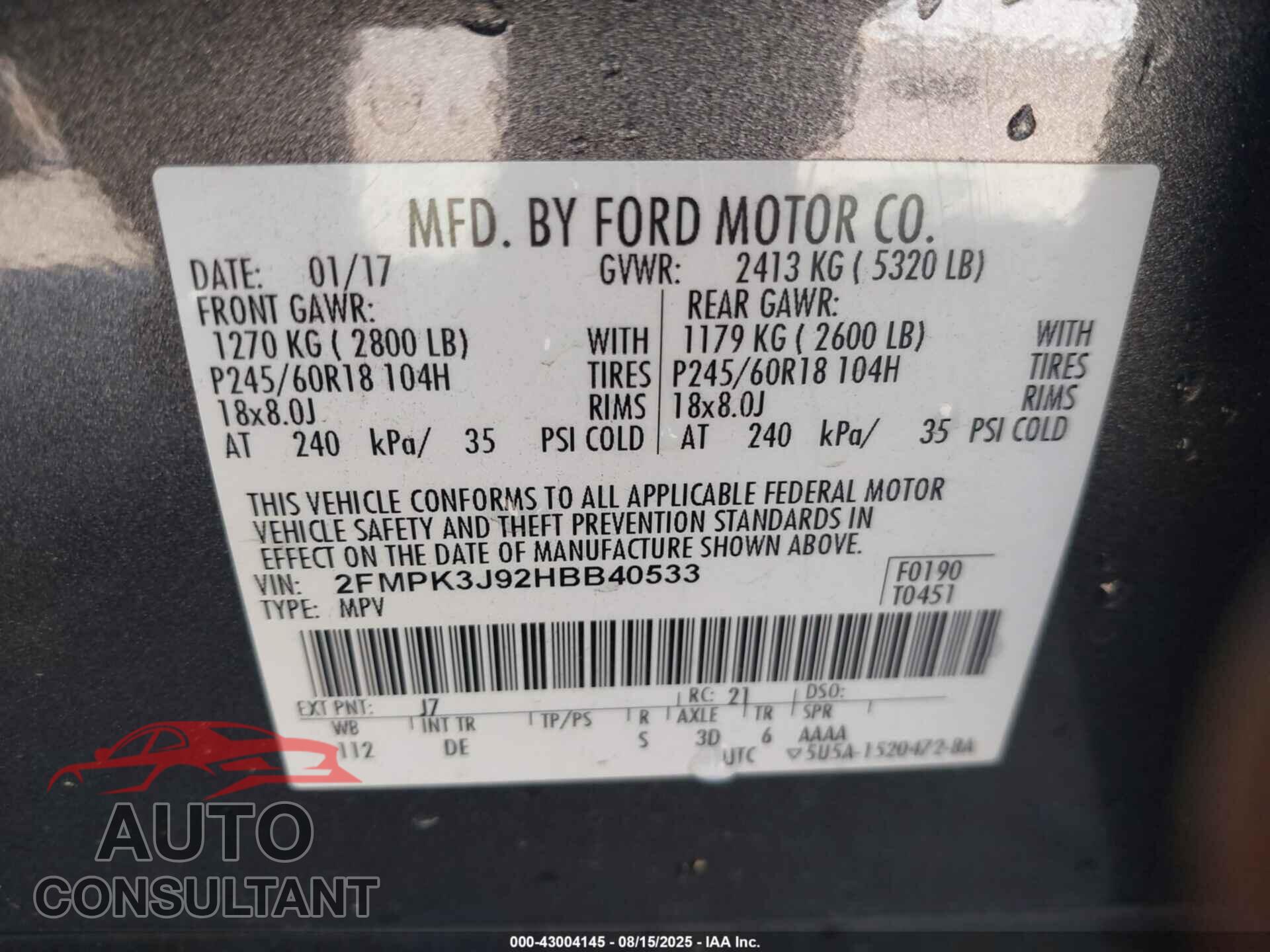 FORD EDGE 2017 - 2FMPK3J92HBB40533