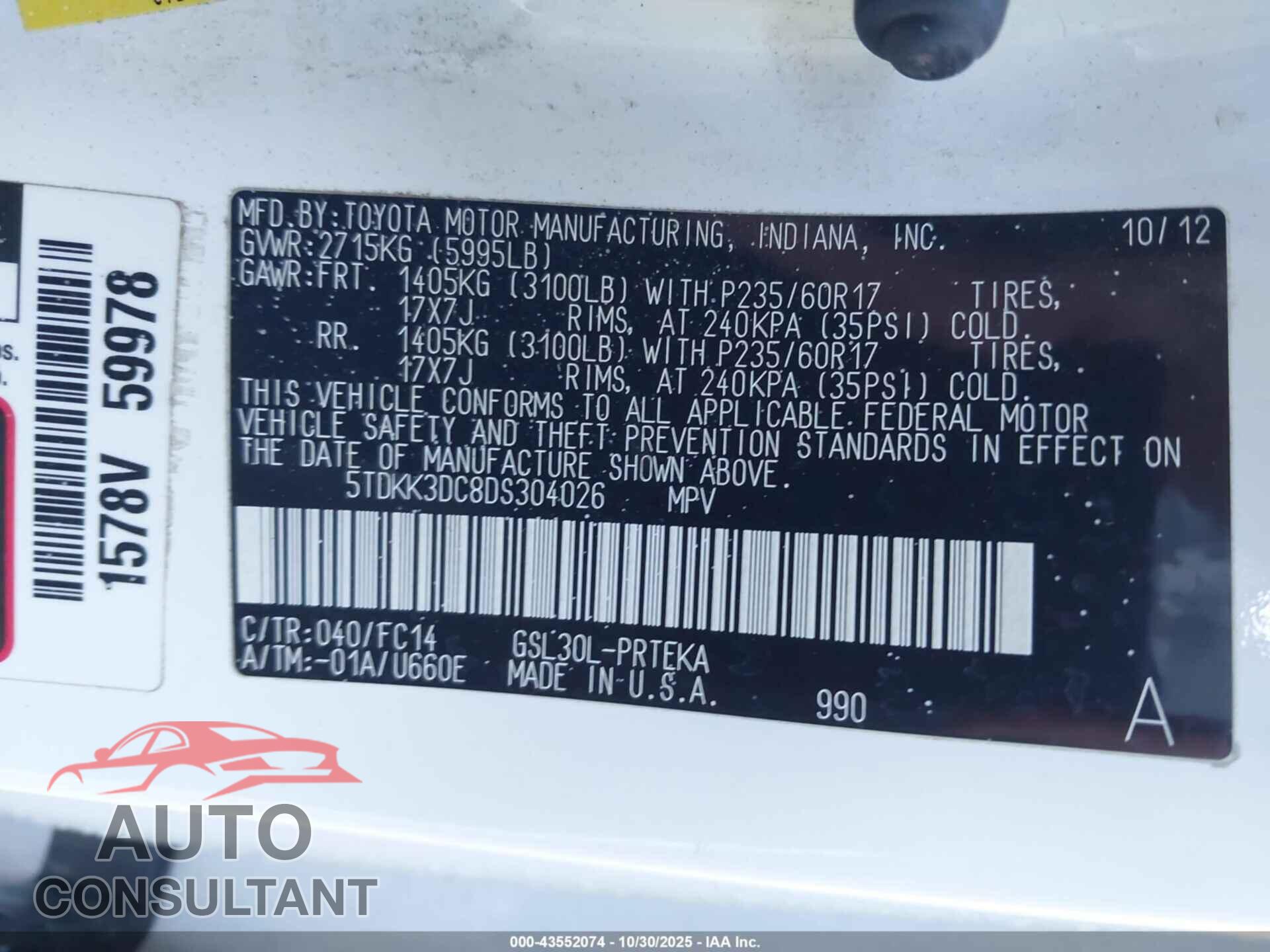 TOYOTA SIENNA 2013 - 5TDKK3DC8DS304026