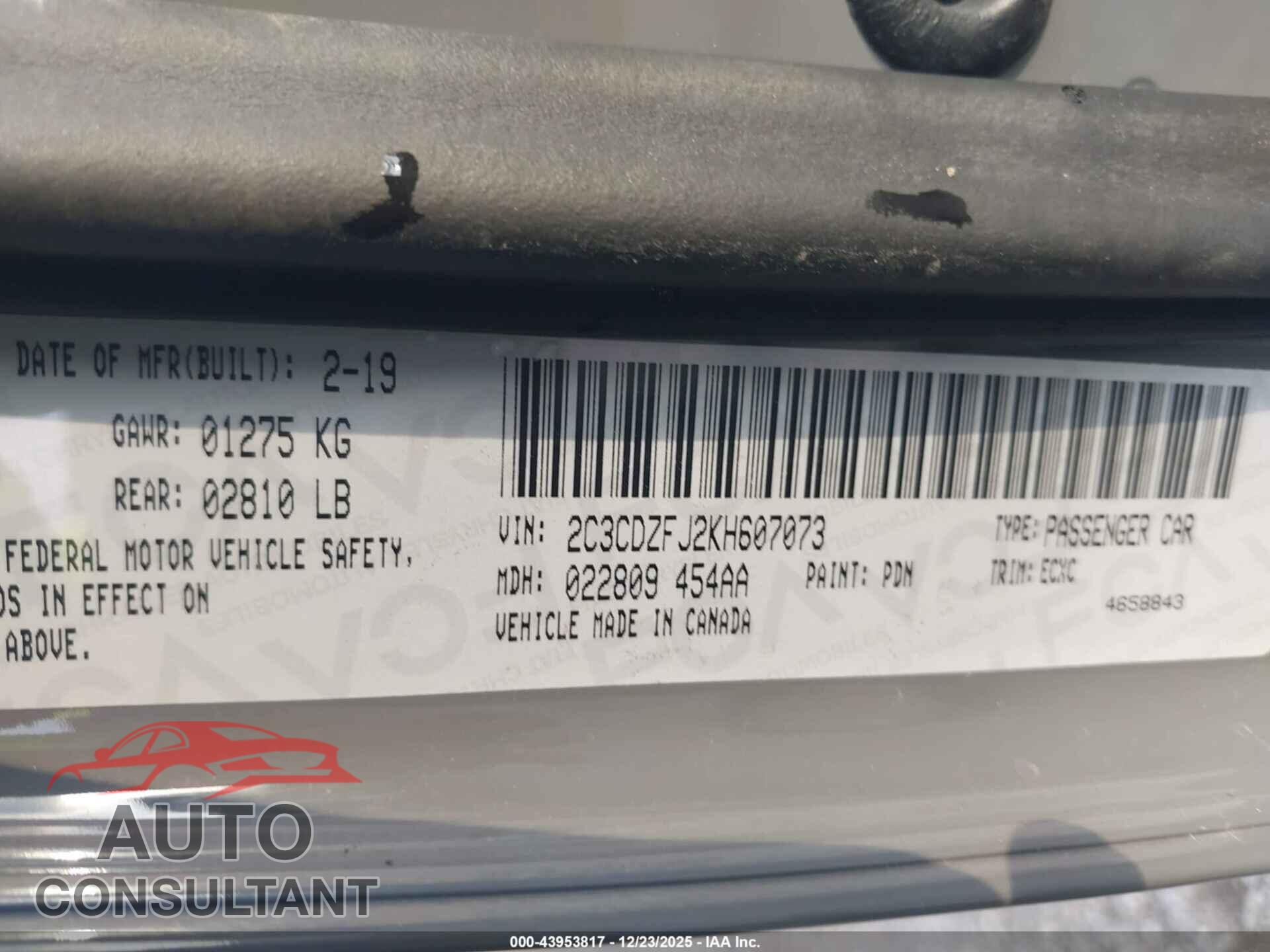 DODGE CHALLENGER 2019 - 2C3CDZFJ2KH607073