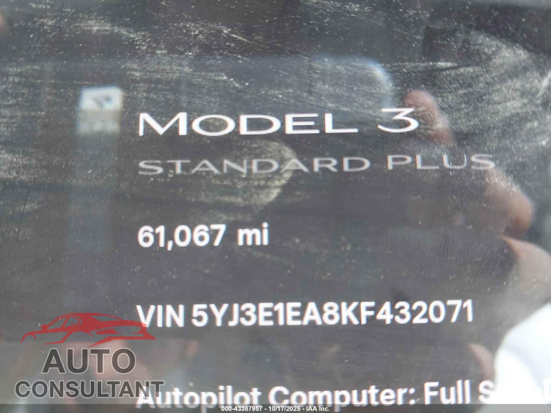 TESLA MODEL 3 2019 - 5YJ3E1EA8KF432071