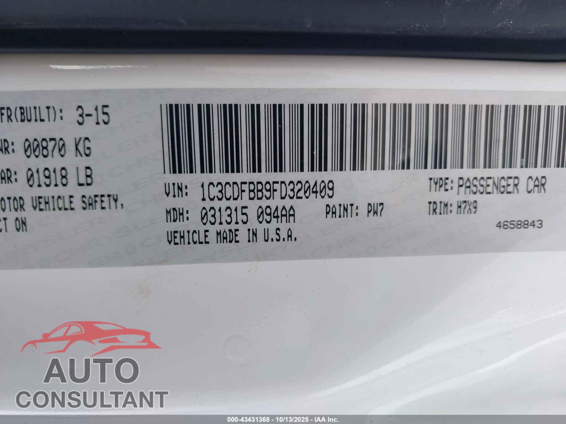 DODGE DART 2015 - 1C3CDFBB9FD320409