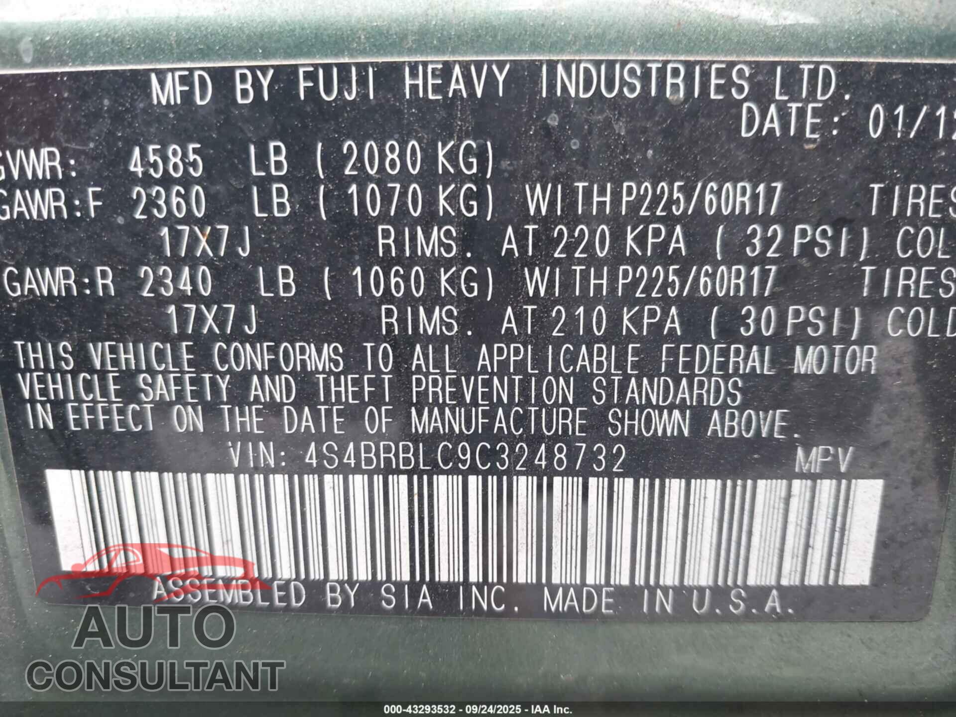 SUBARU OUTBACK 2012 - 4S4BRBLC9C3248732
