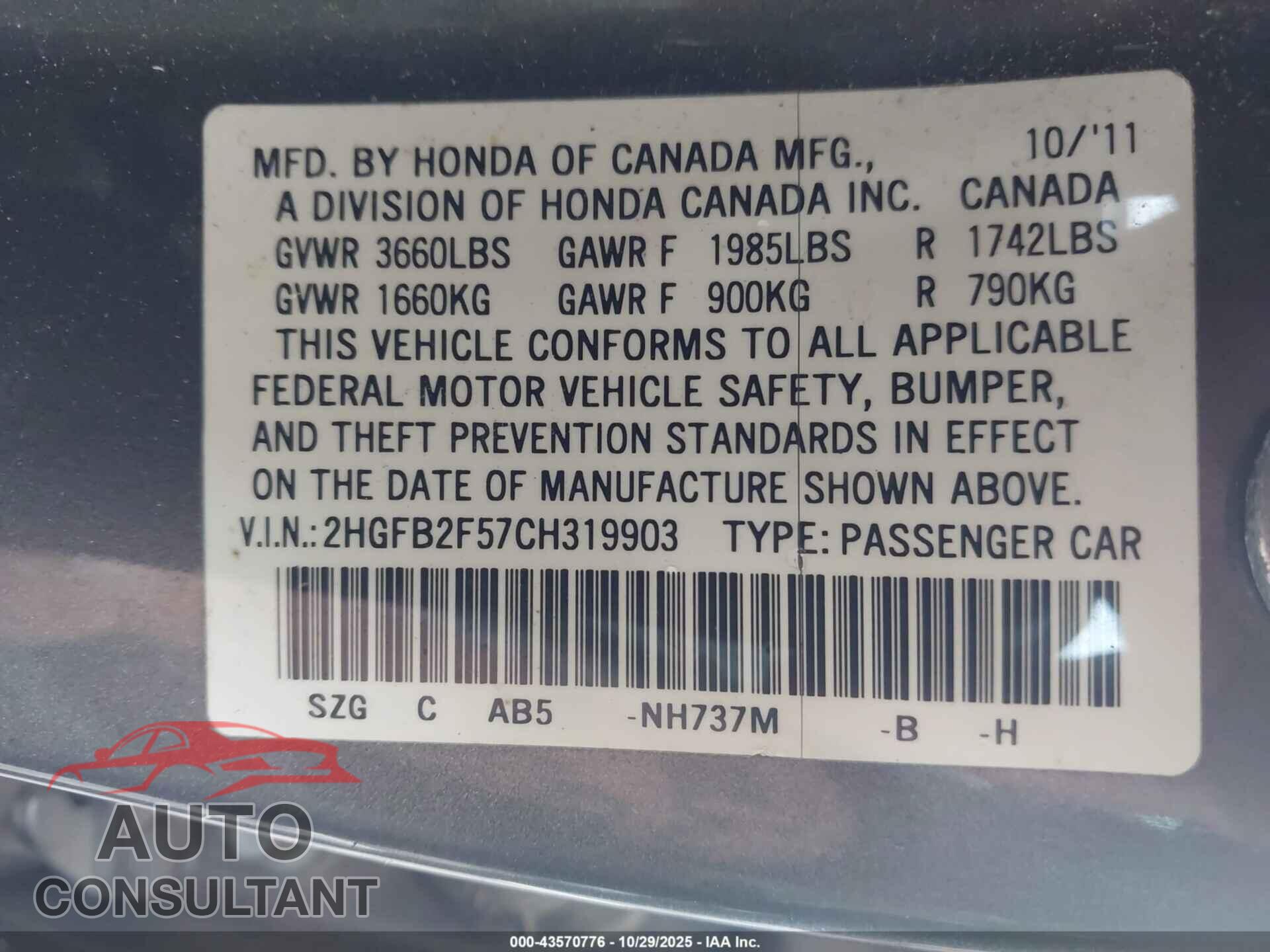 HONDA CIVIC 2012 - 2HGFB2F57CH319903
