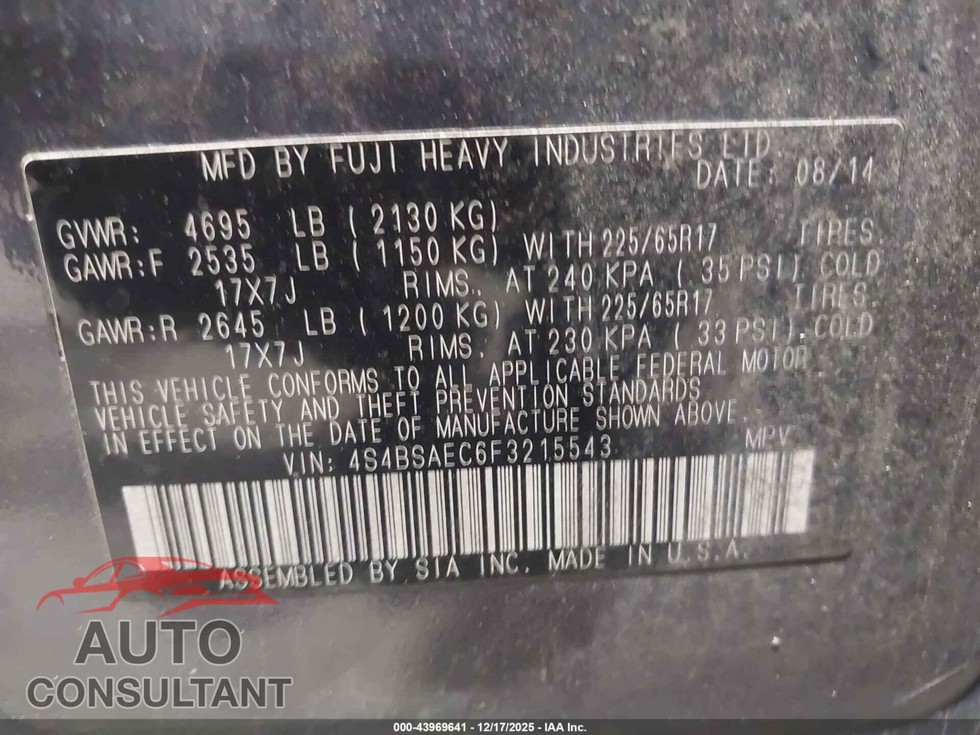 SUBARU OUTBACK 2015 - 4S4BSAEC6F3215543