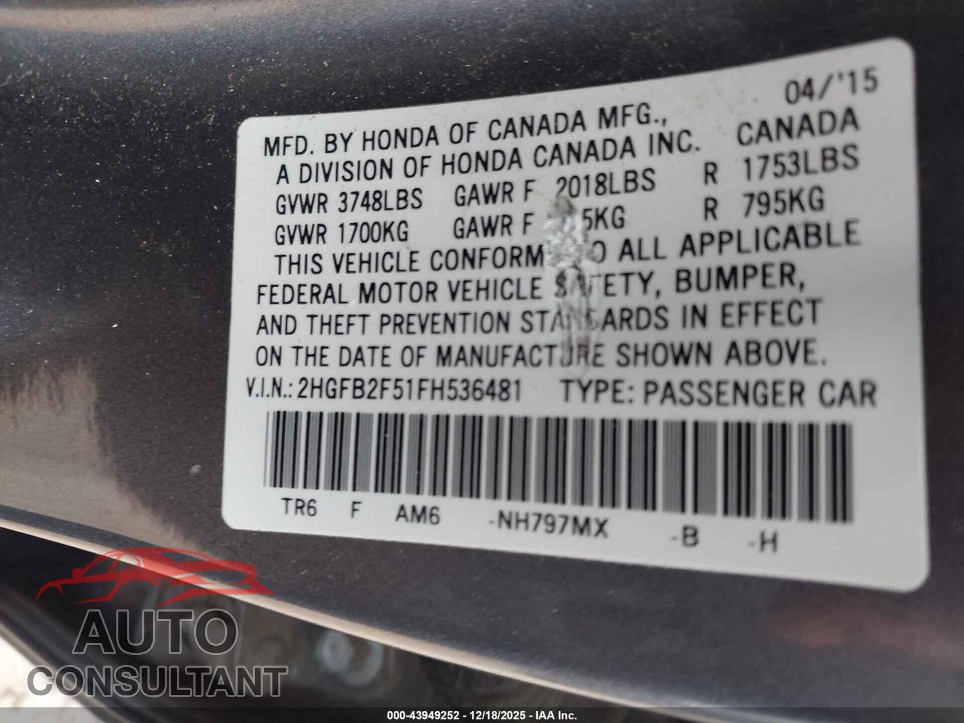 HONDA CIVIC 2015 - 2HGFB2F51FH536481