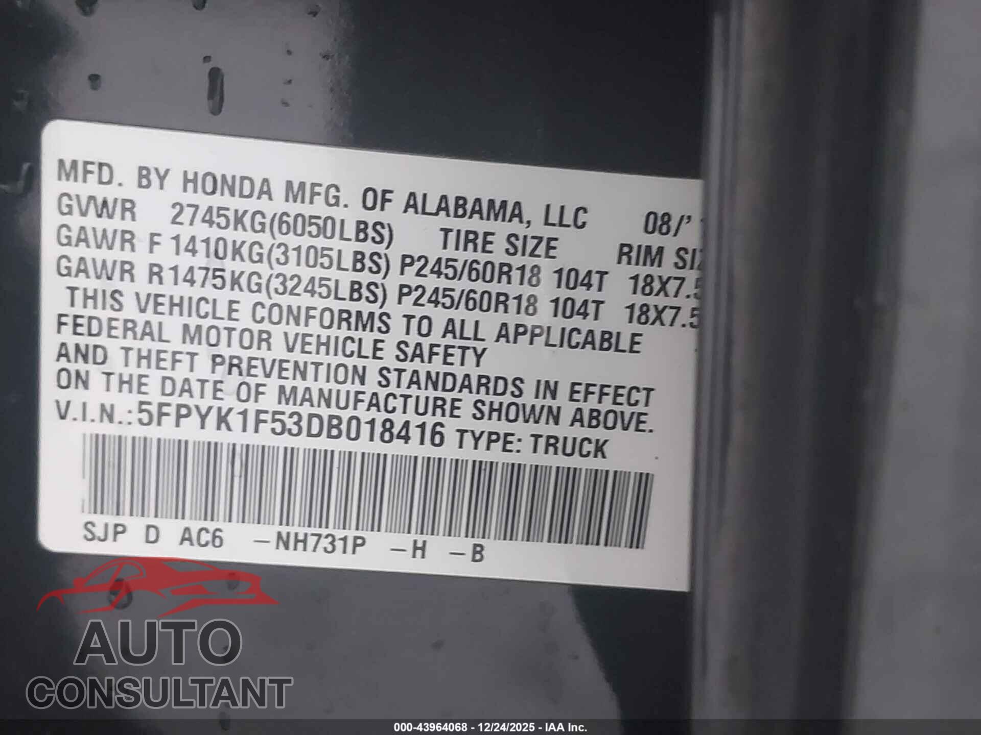 HONDA RIDGELINE 2013 - 5FPYK1F53DB018416