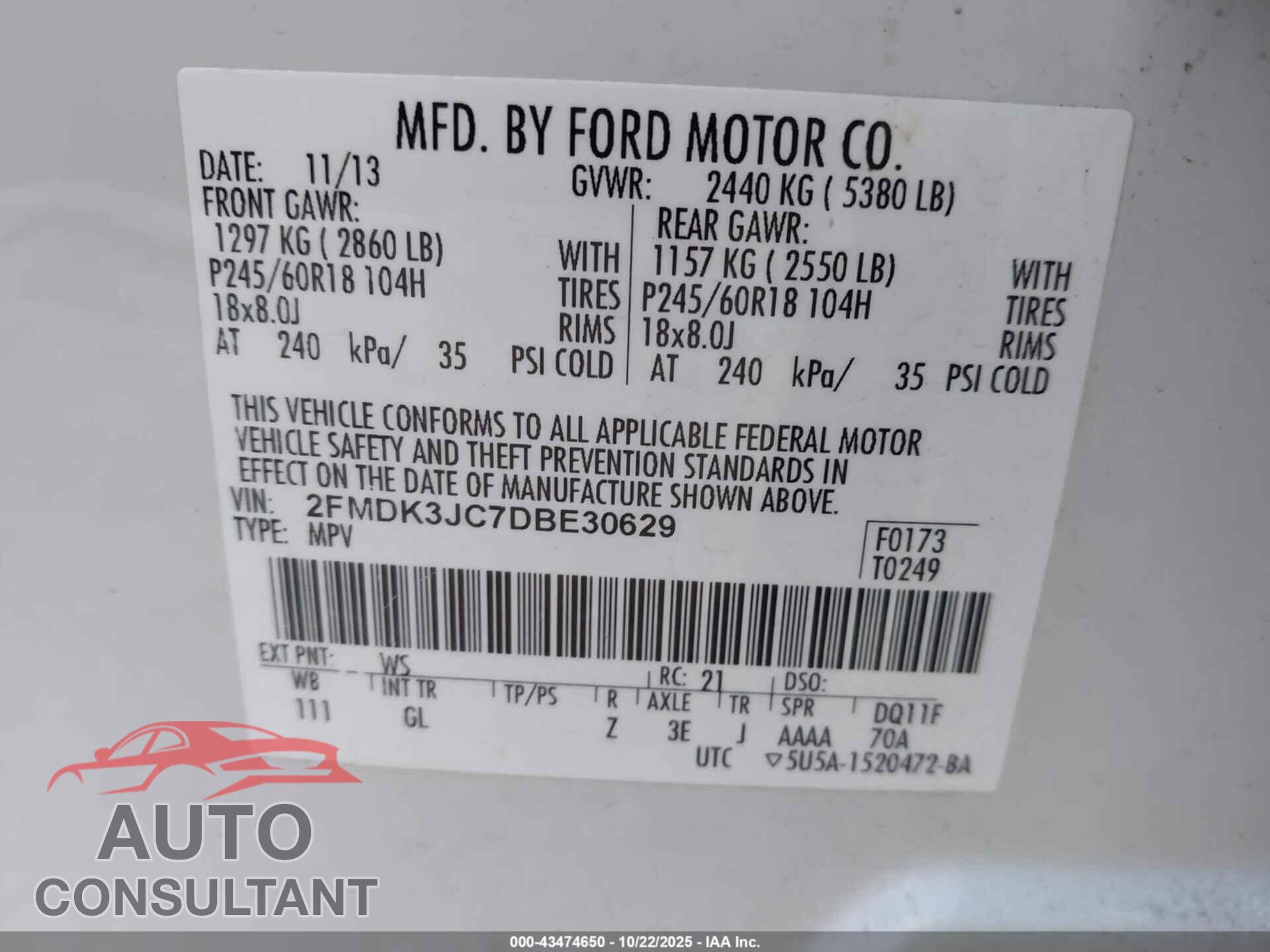 FORD EDGE 2013 - 2FMDK3JC7DBE30629
