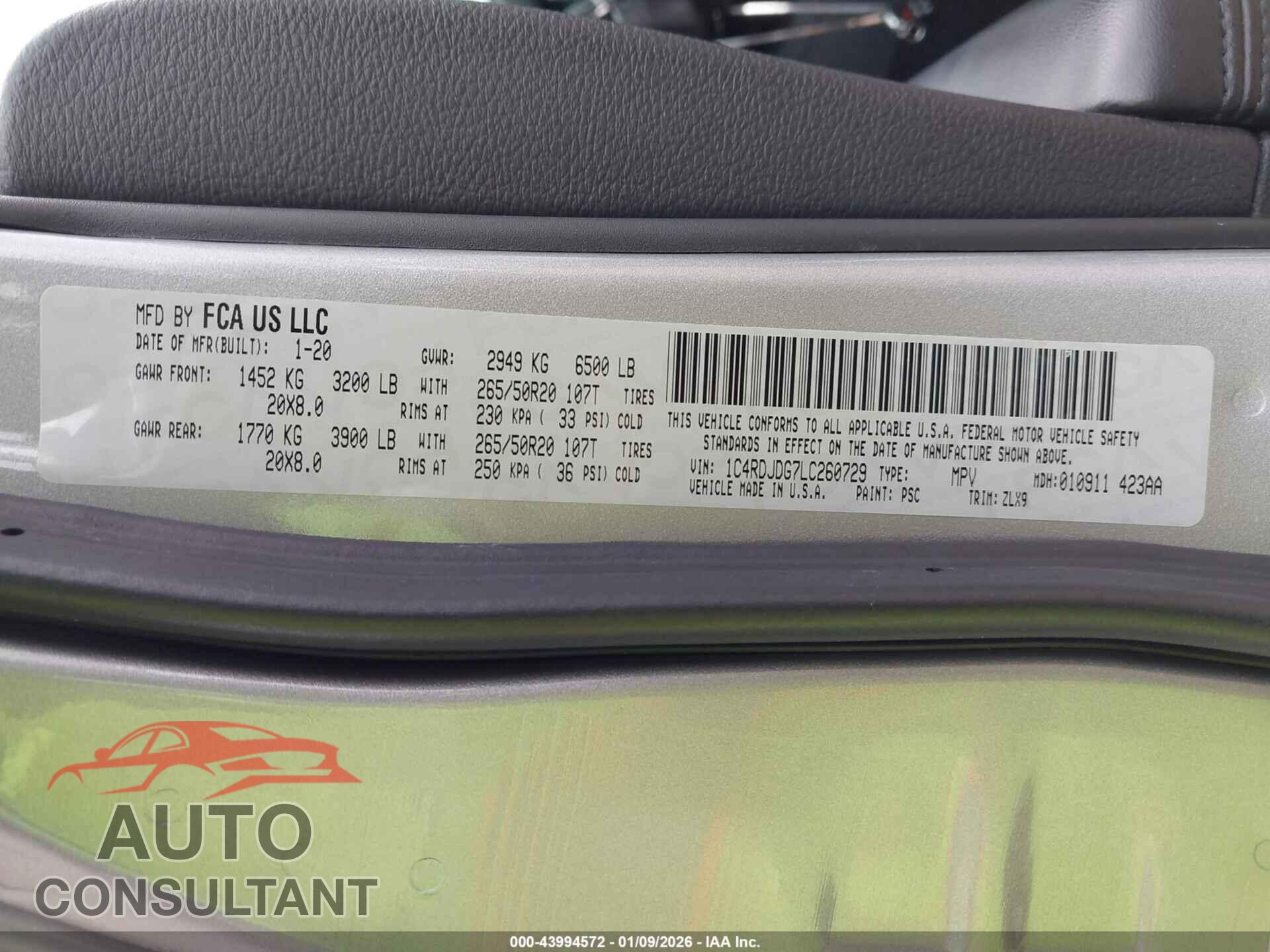 DODGE DURANGO 2020 - 1C4RDJDG7LC260729