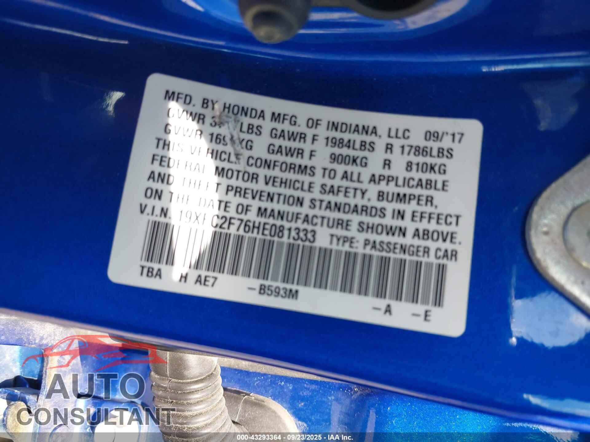 HONDA CIVIC 2017 - 19XFC2F76HE081333