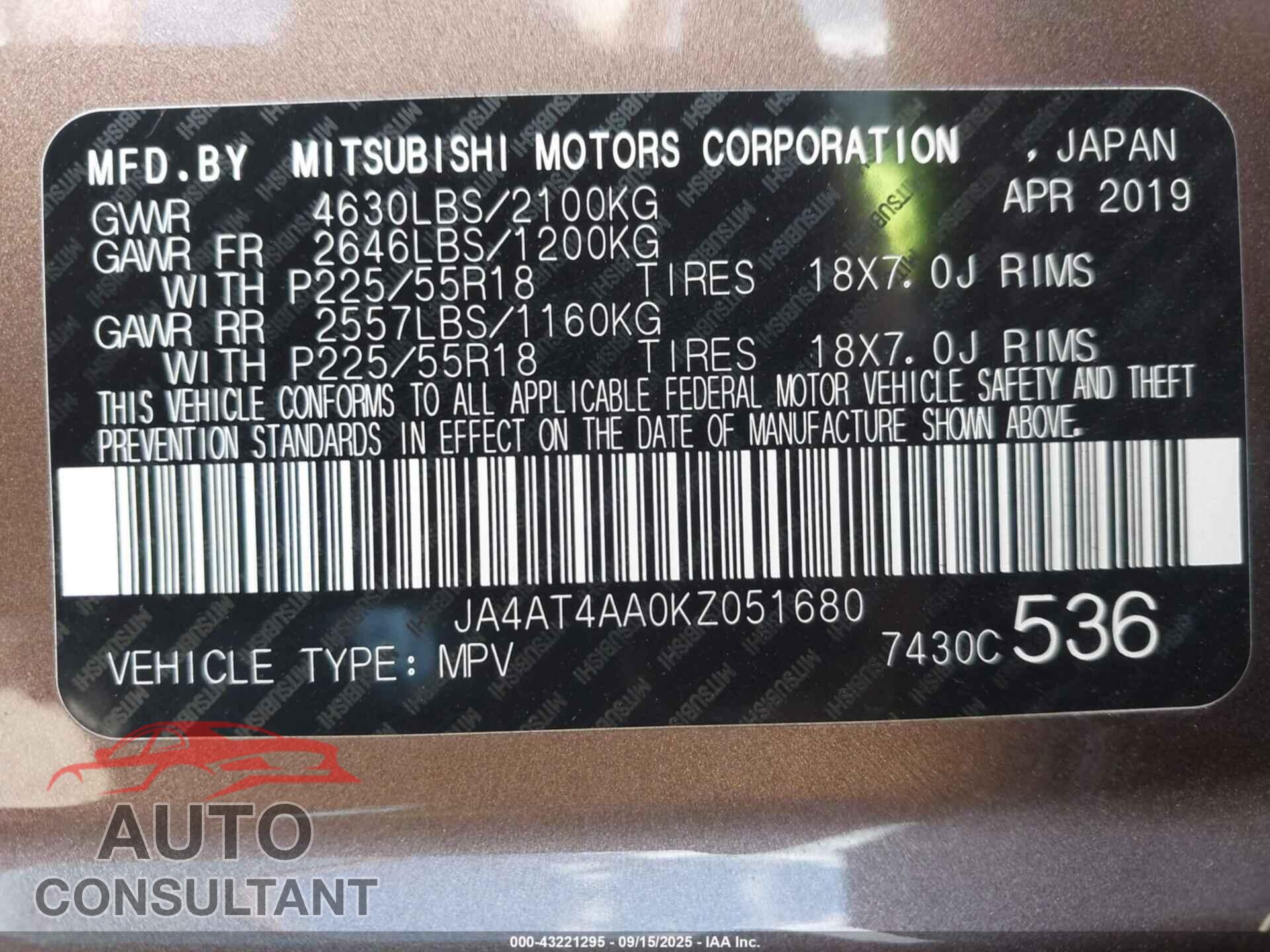 MITSUBISHI ECLIPSE CROSS 2019 - JA4AT4AA0KZ051680
