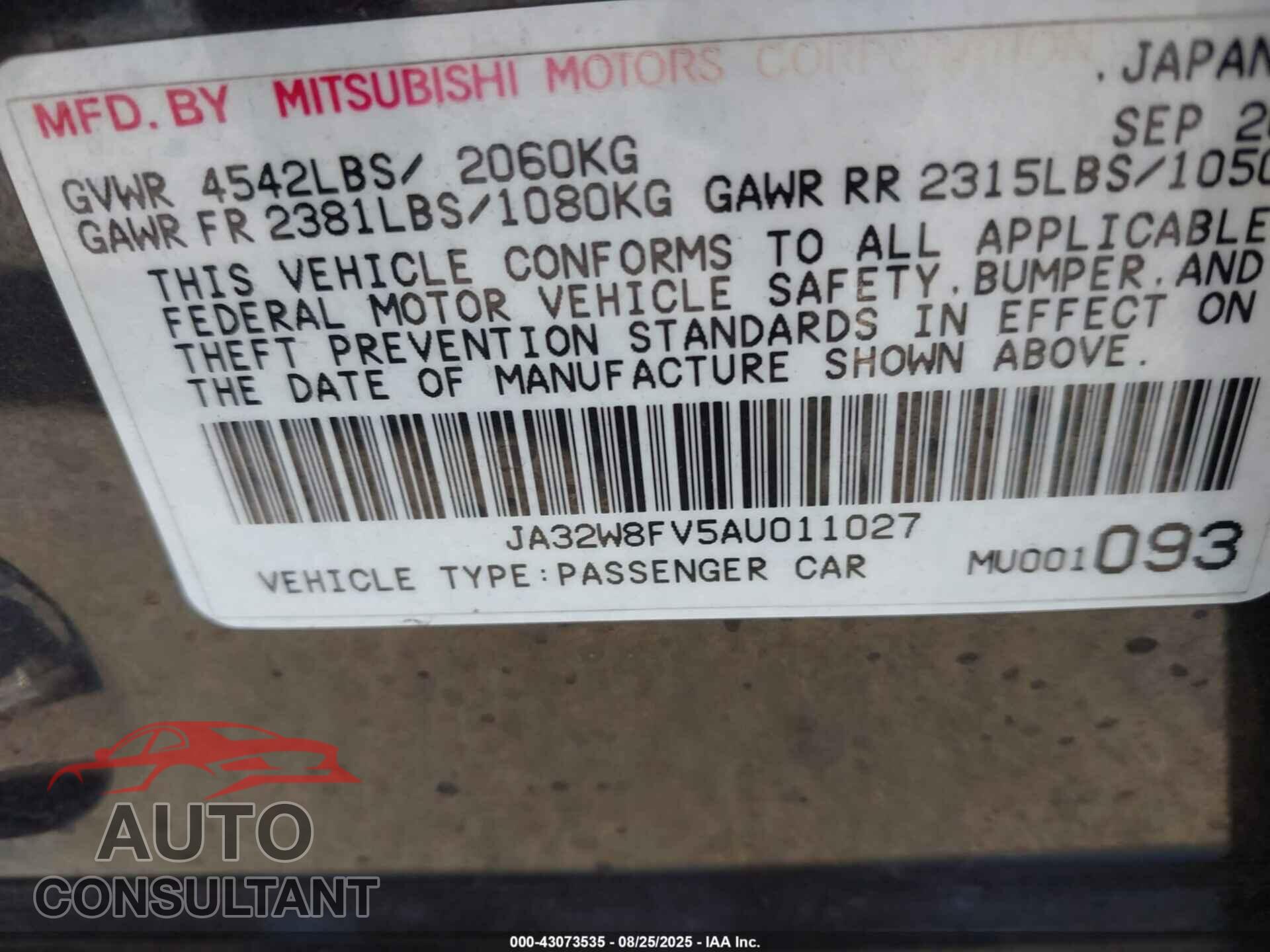 MITSUBISHI LANCER EVOLUTION 2010 - JA32W8FV5AU011027