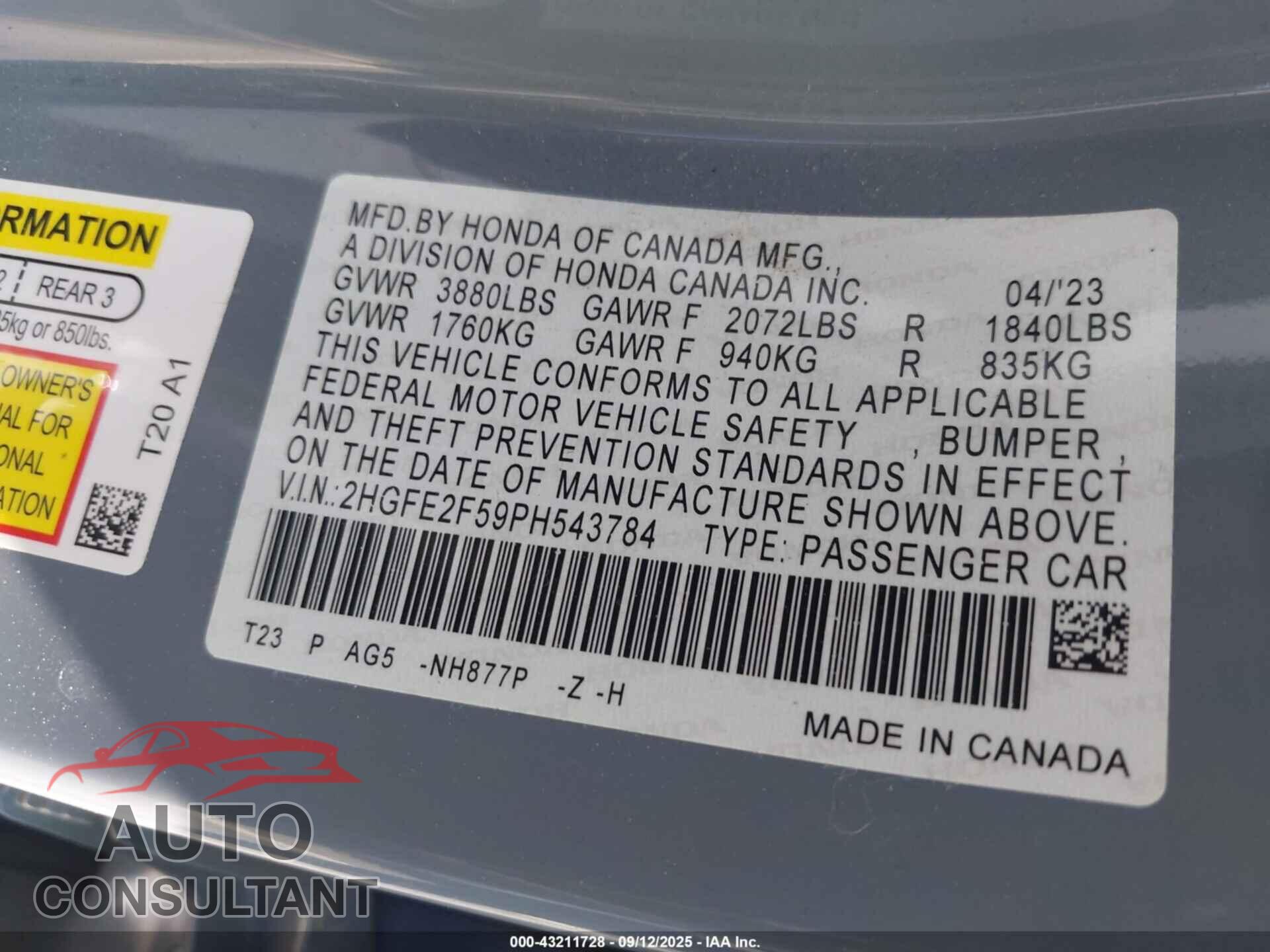 HONDA CIVIC 2023 - 2HGFE2F59PH543784