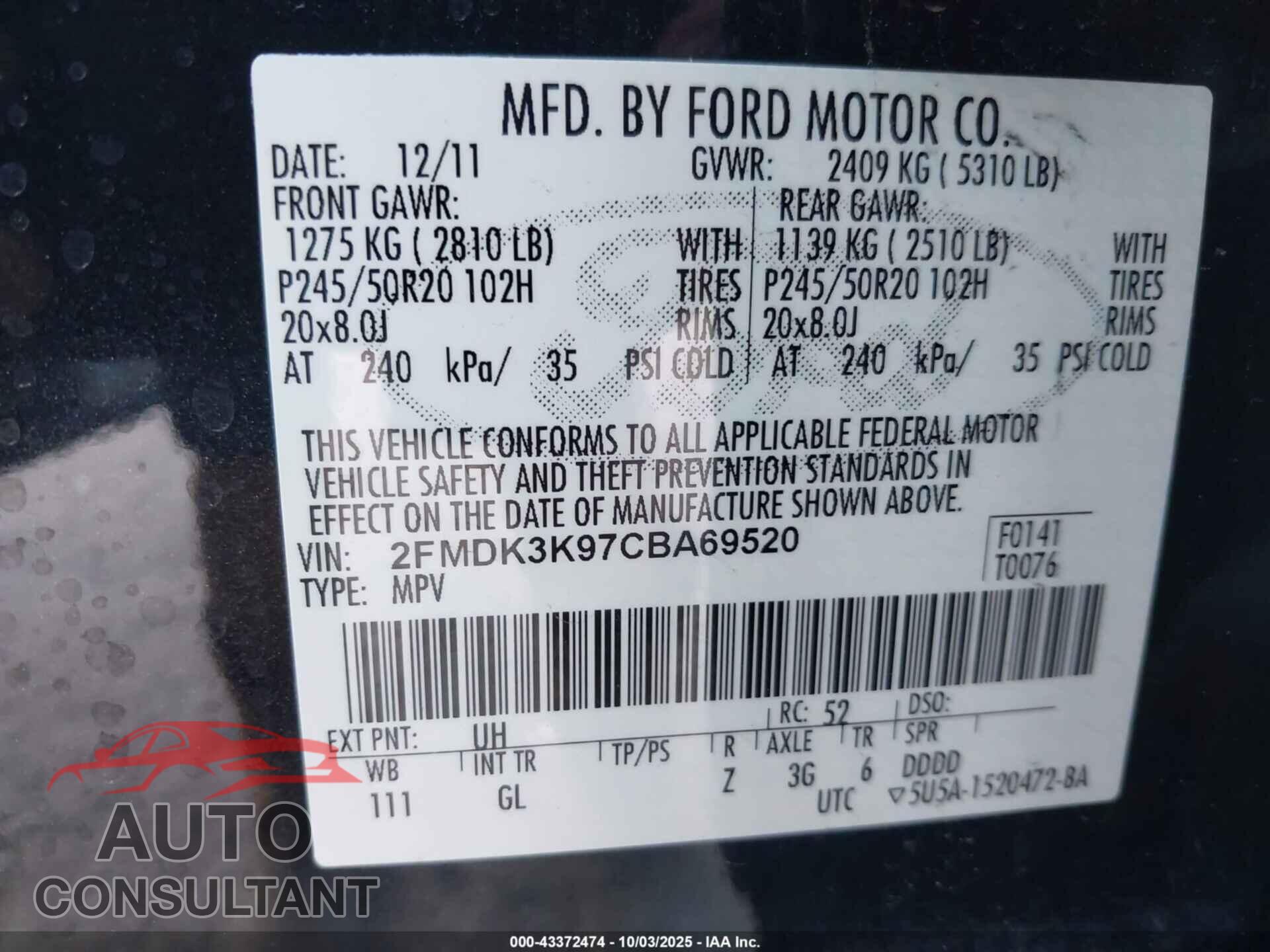 FORD EDGE 2012 - 2FMDK3K97CBA69520