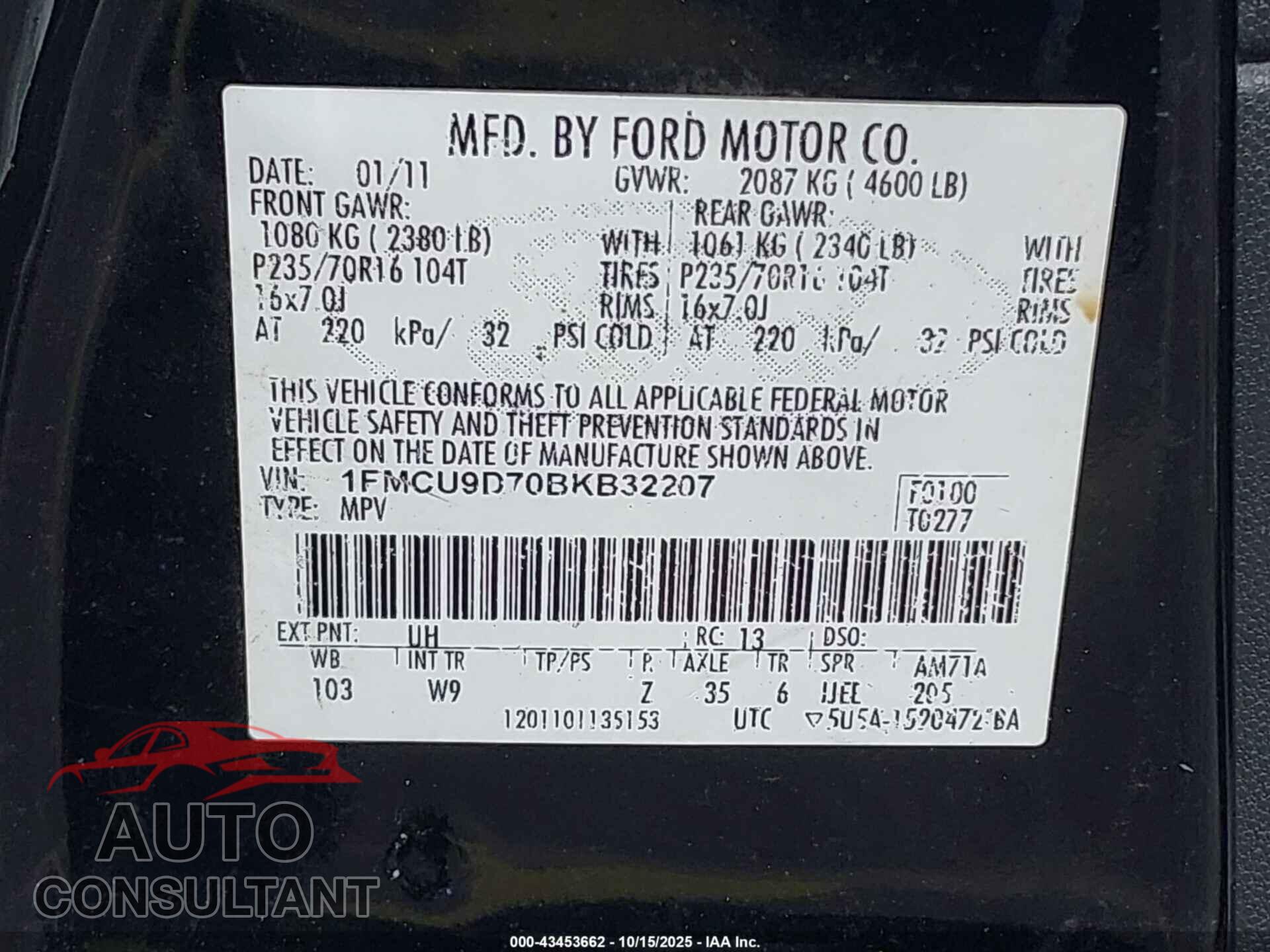 FORD ESCAPE 2011 - 1FMCU9D70BKB32207