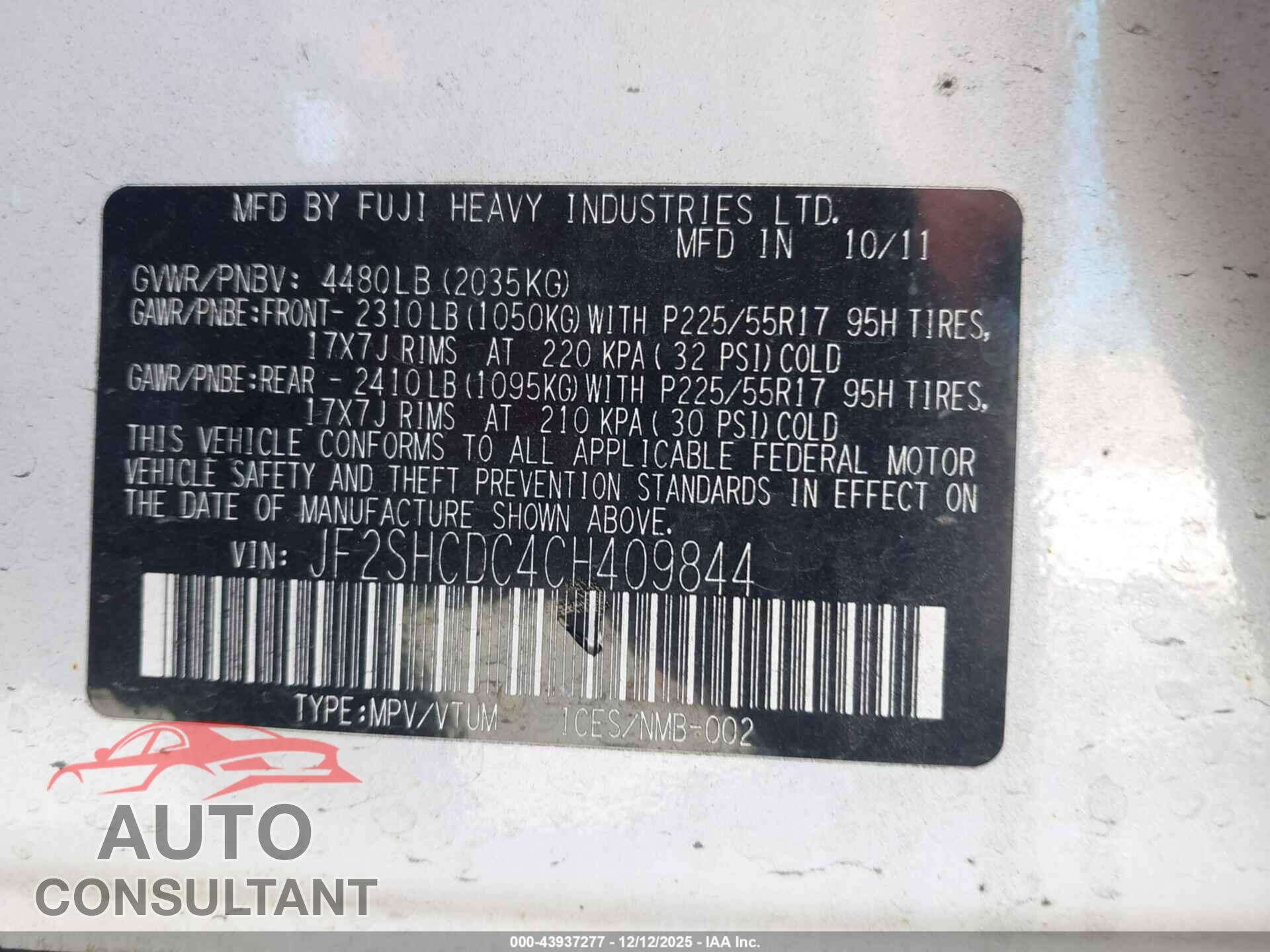 SUBARU FORESTER 2012 - JF2SHCDC4CH409844