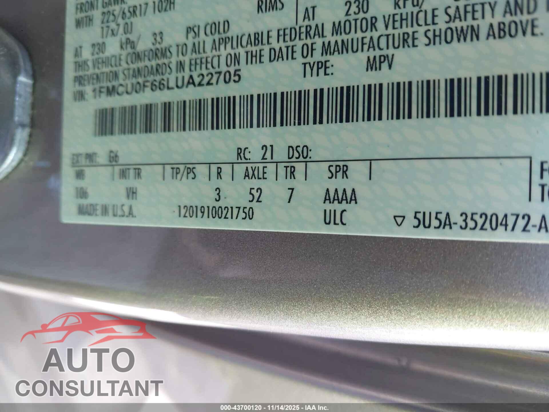 FORD ESCAPE 2020 - 1FMCU0F66LUA22705