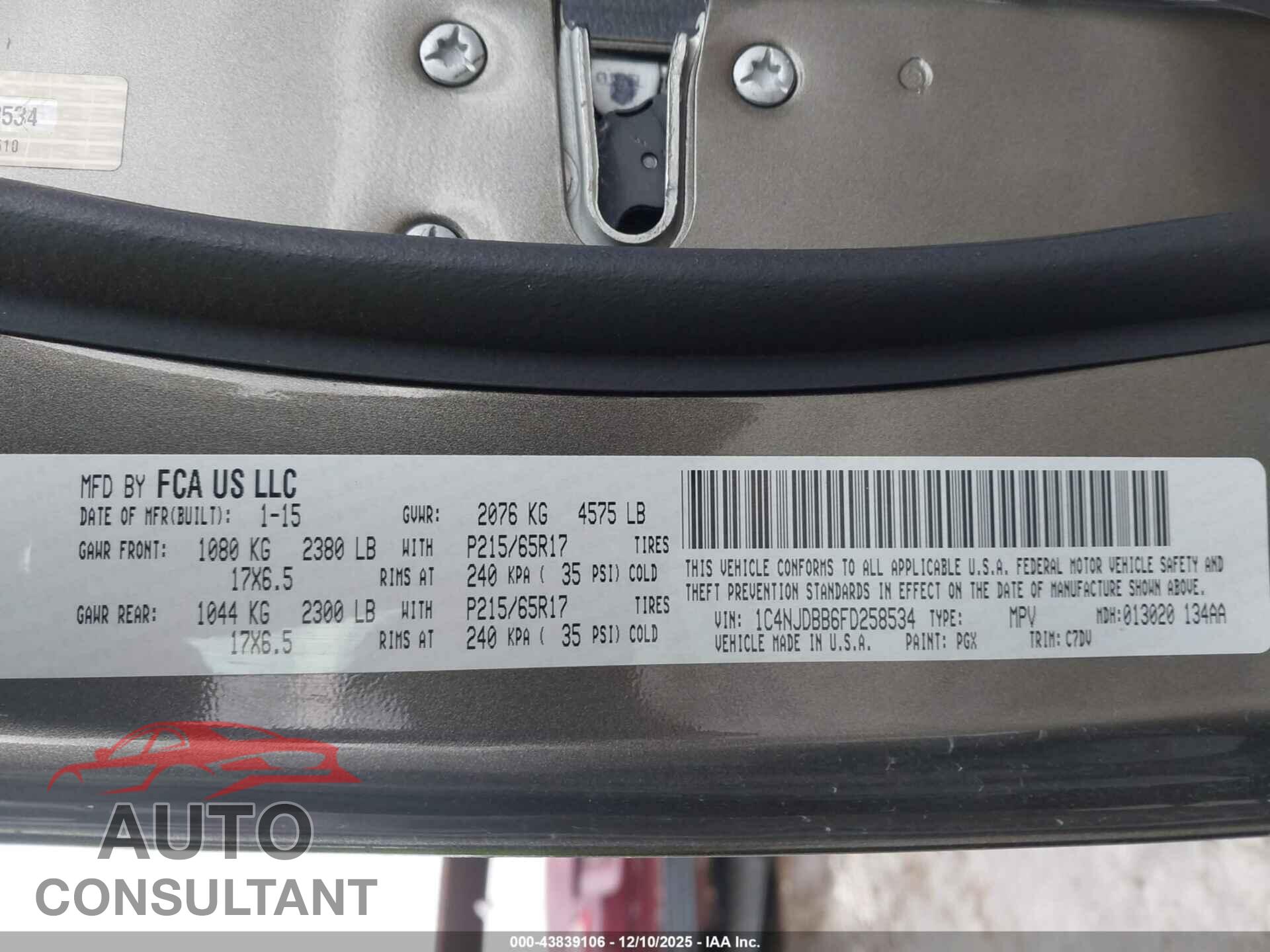 JEEP COMPASS 2015 - 1C4NJDBB6FD258534