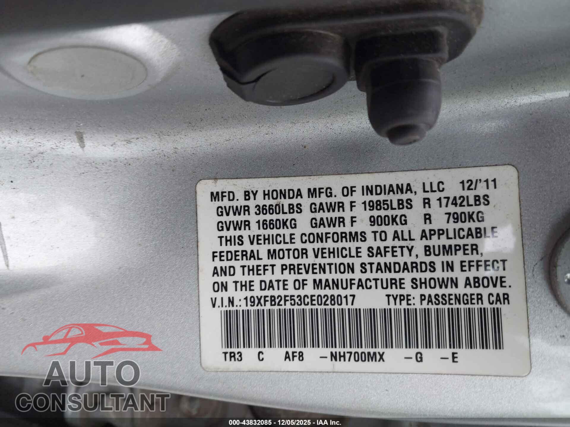 HONDA CIVIC 2012 - 19XFB2F53CE028017
