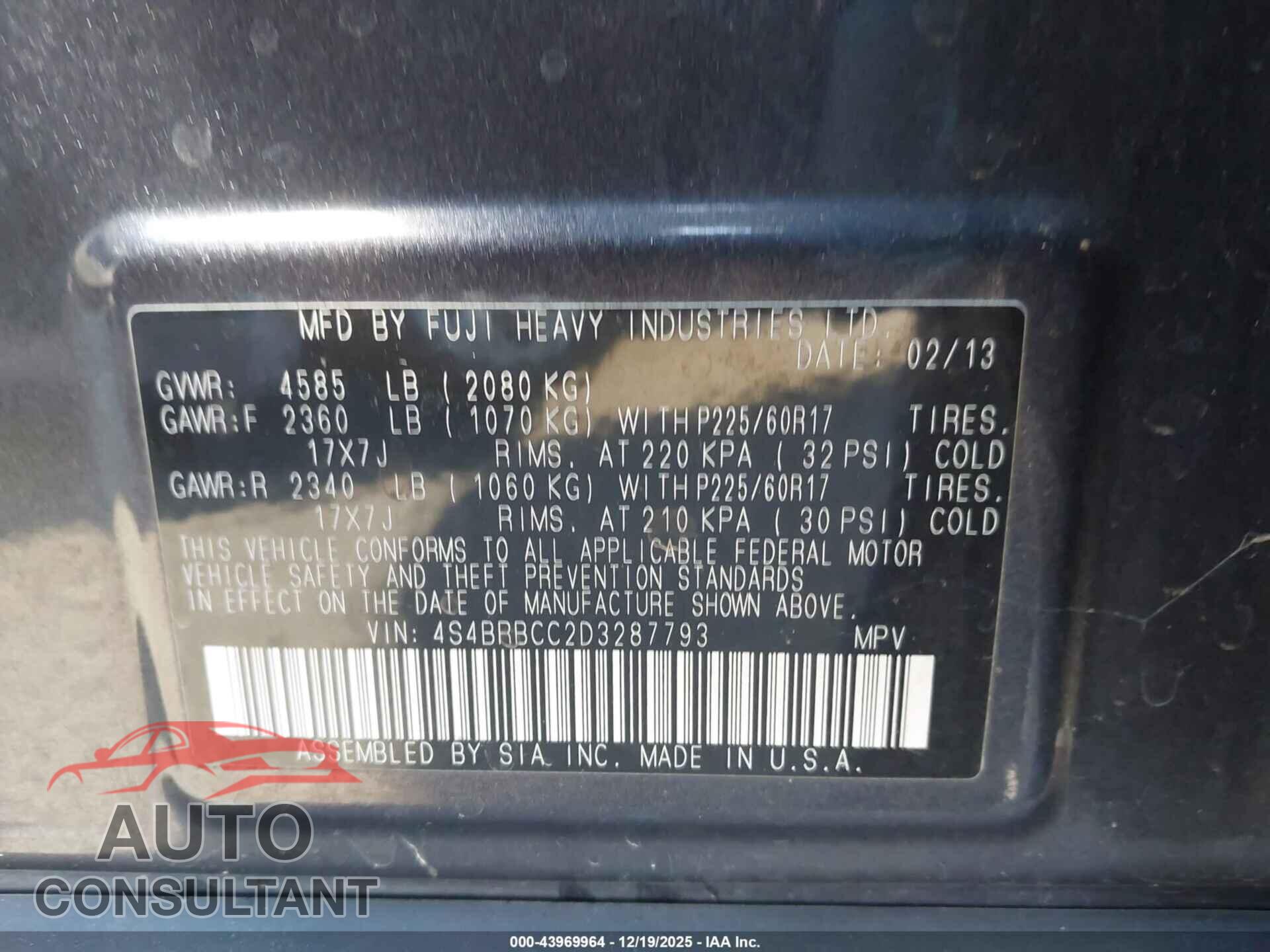 SUBARU OUTBACK 2013 - 4S4BRBCC2D3287793