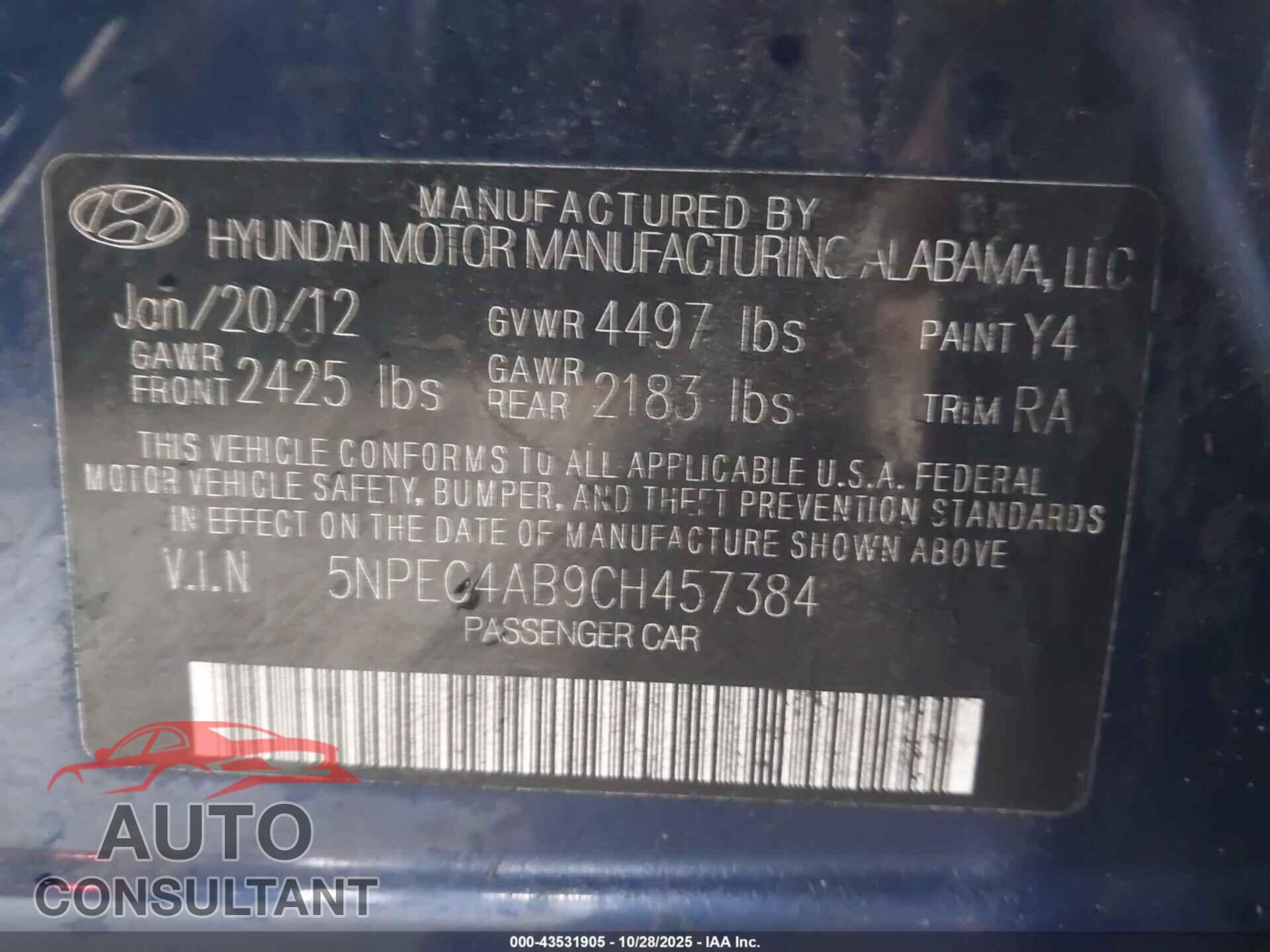 HYUNDAI SONATA 2012 - 5NPEC4AB9CH457384