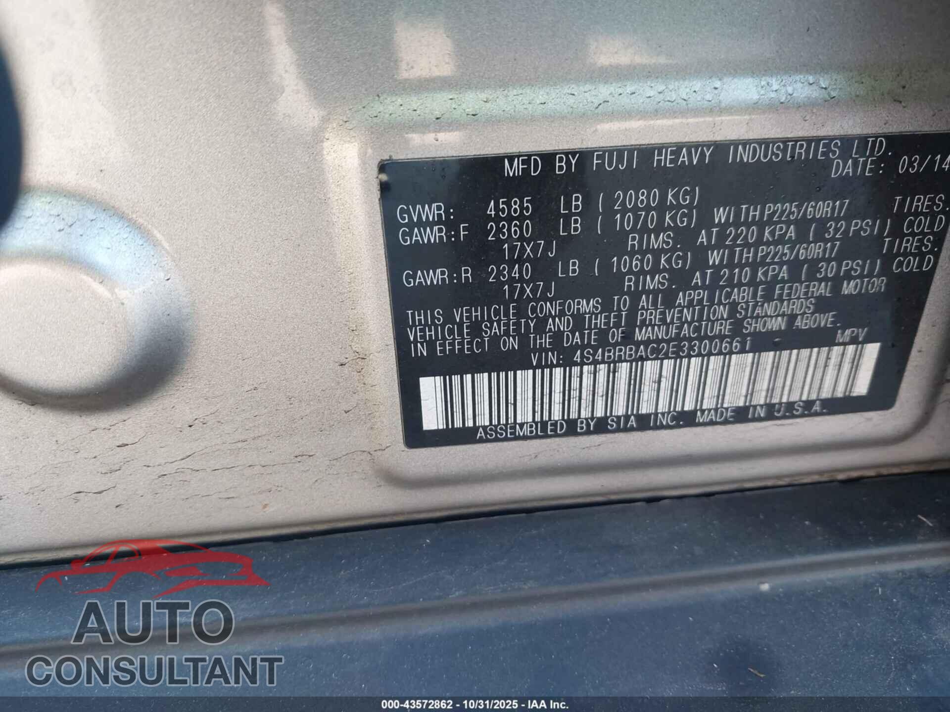 SUBARU OUTBACK 2014 - 4S4BRBAC2E3300661