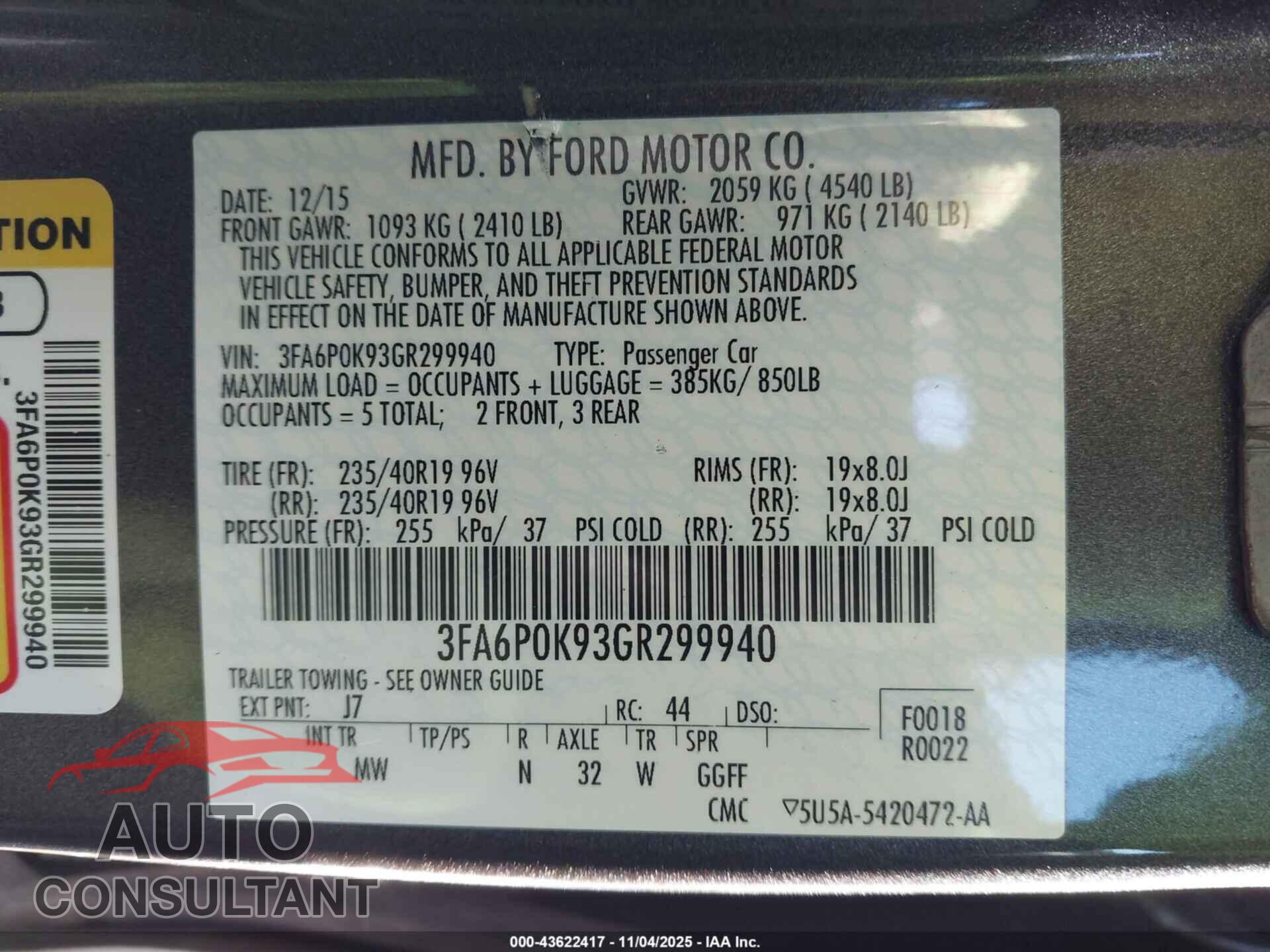 FORD FUSION 2016 - 3FA6P0K93GR299940
