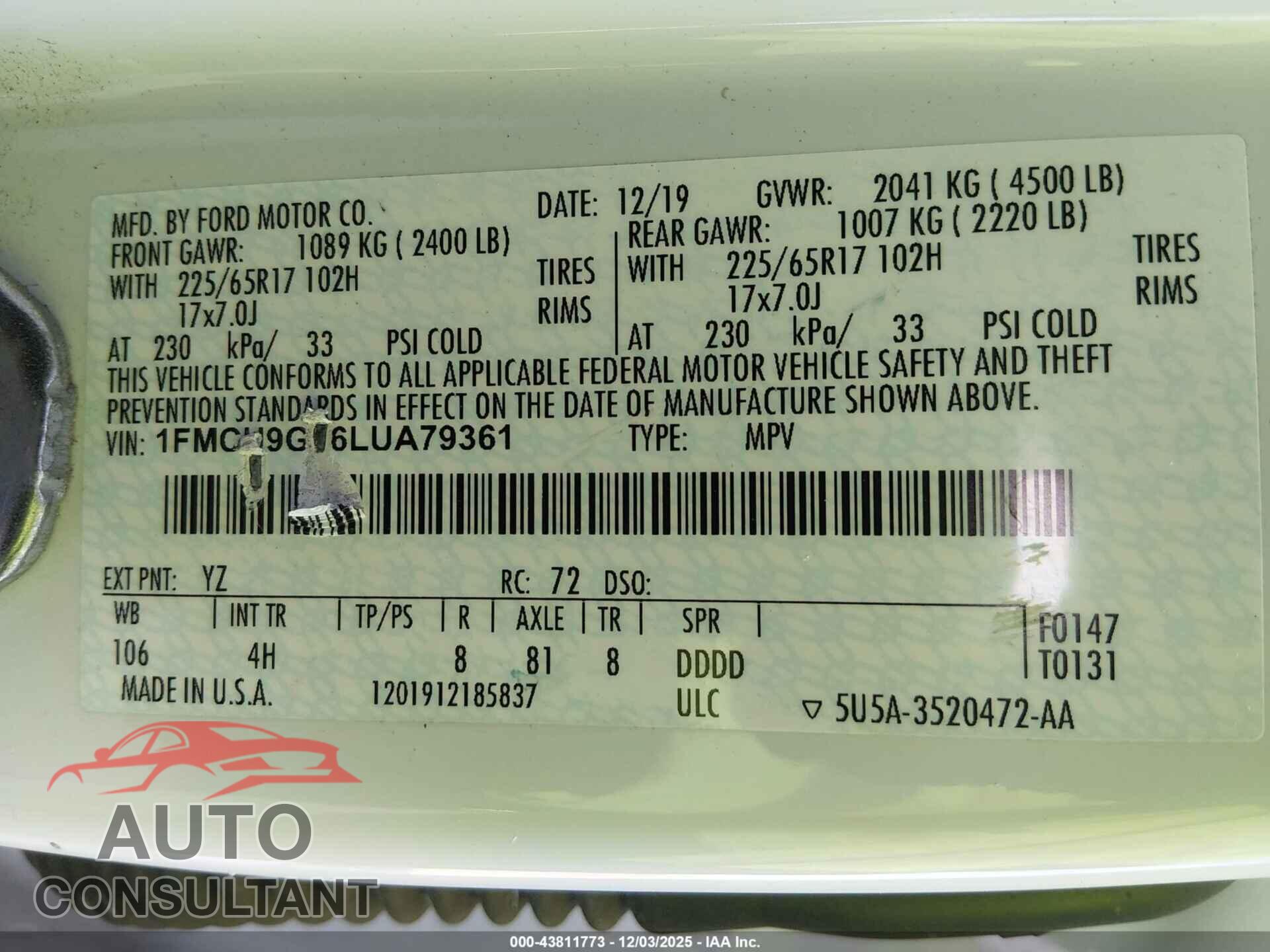 FORD ESCAPE 2020 - 1FMCU9G66LUA79361
