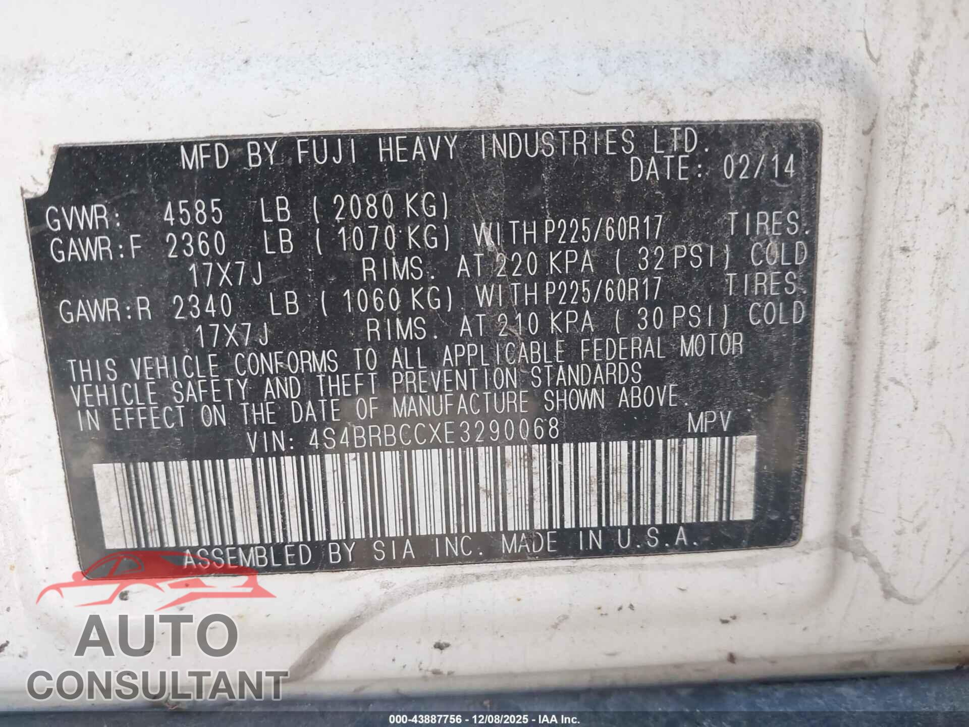 SUBARU OUTBACK 2014 - 4S4BRBCCXE3290068