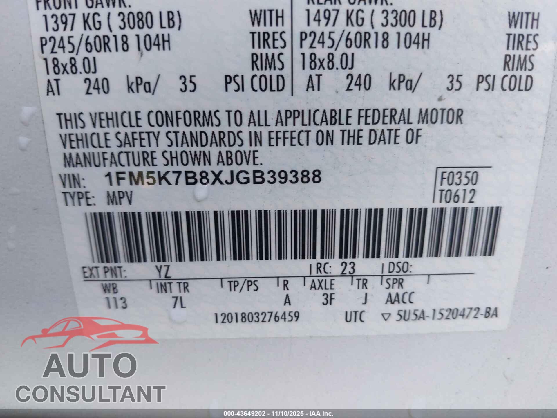 FORD EXPLORER 2018 - 1FM5K7B8XJGB39388