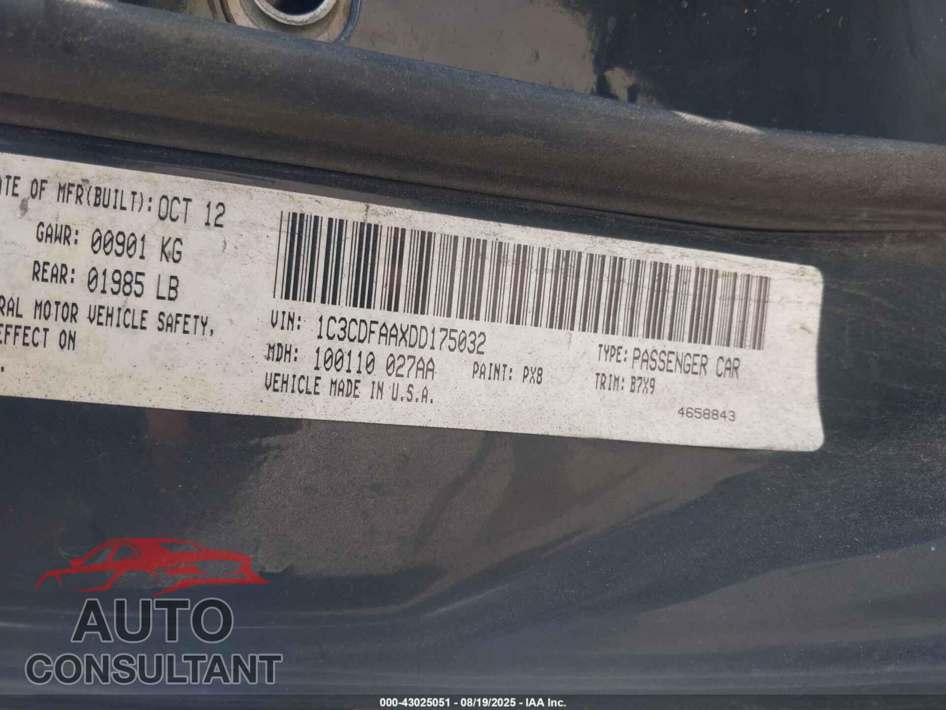 DODGE DART 2013 - 1C3CDFAAXDD175032