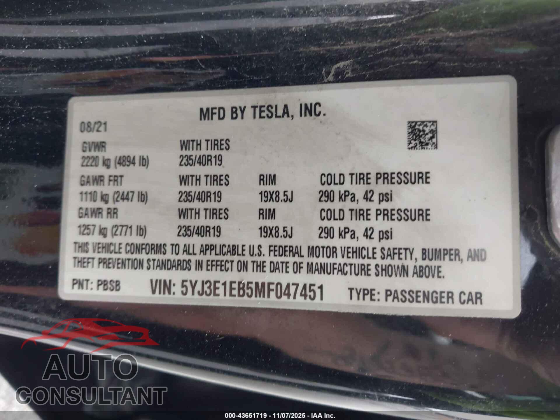 TESLA MODEL 3 2021 - 5YJ3E1EB5MF047451