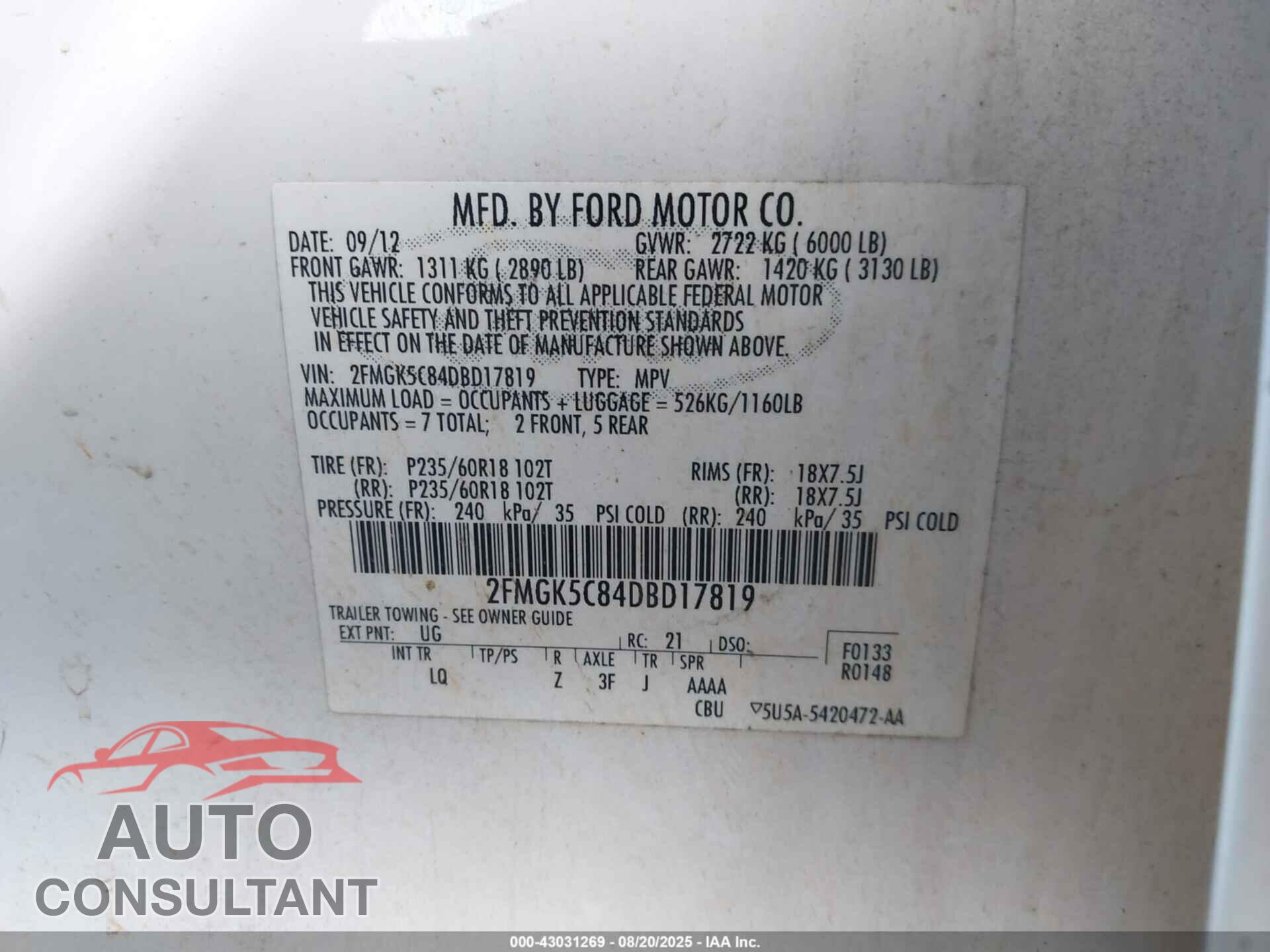 FORD FLEX 2013 - 2FMGK5C84DBD17819