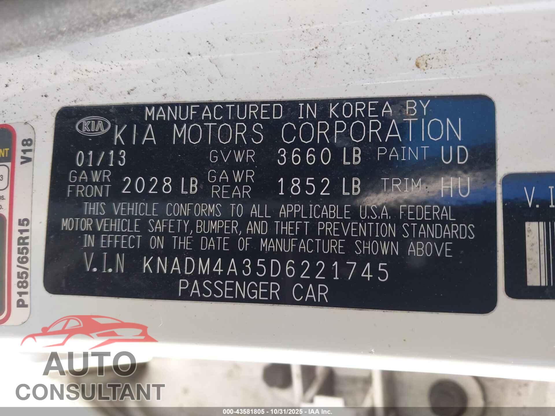 KIA RIO 2013 - KNADM4A35D6221745