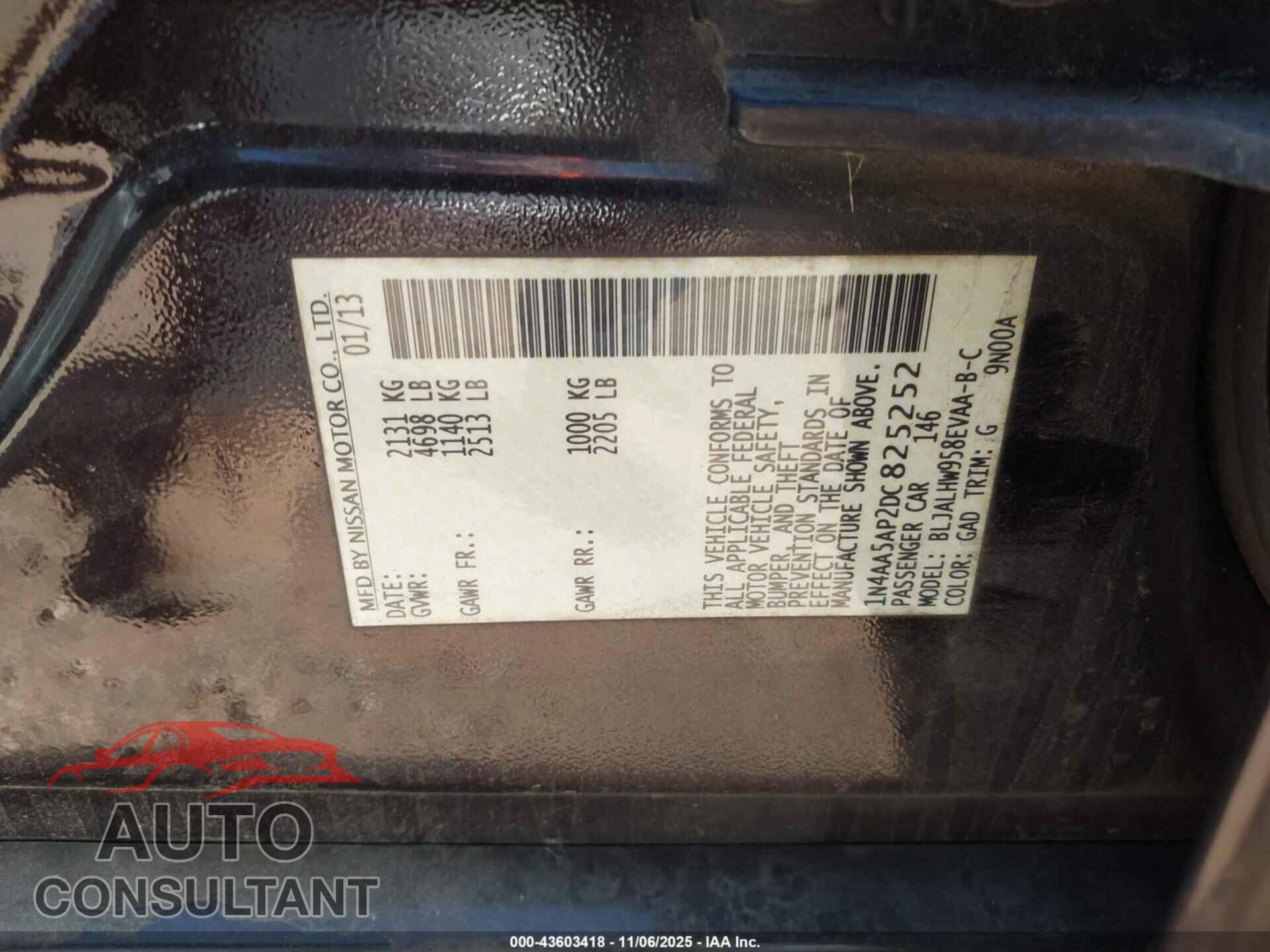 NISSAN MAXIMA 2013 - 1N4AA5AP2DC825252