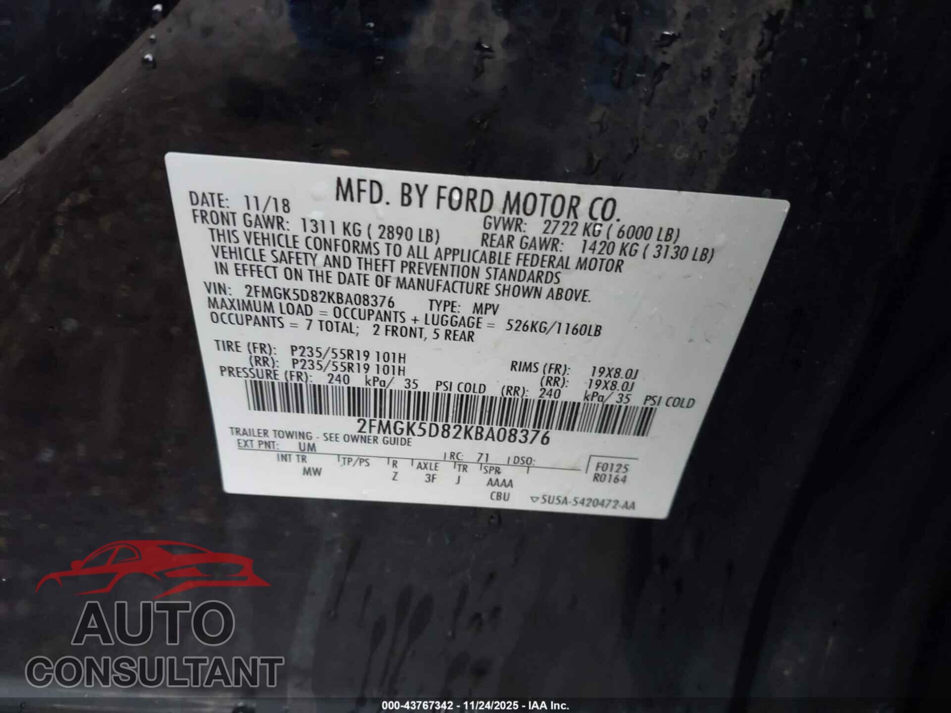 FORD FLEX 2019 - 2FMGK5D82KBA08376