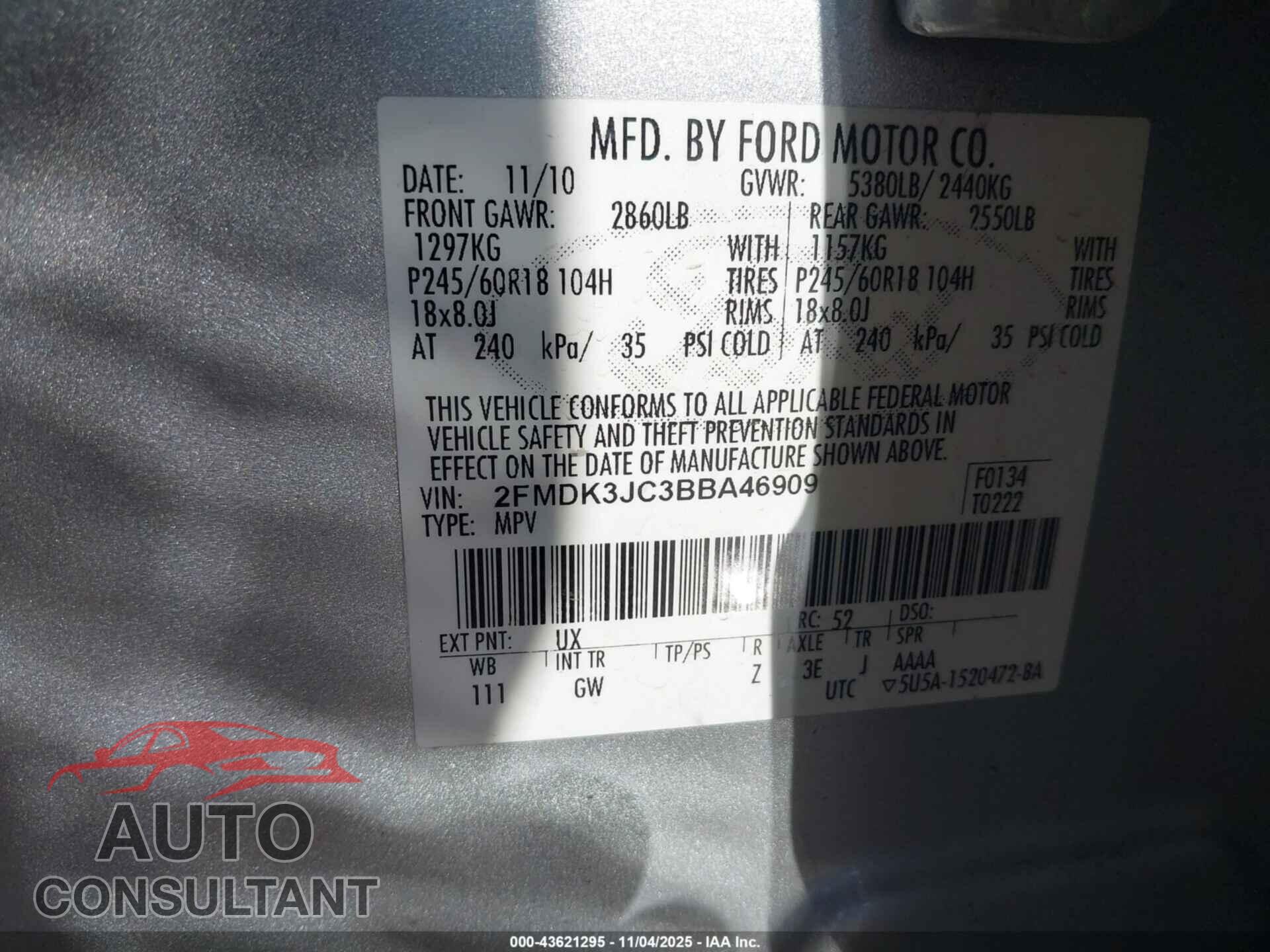 FORD EDGE 2011 - 2FMDK3JC3BBA46909