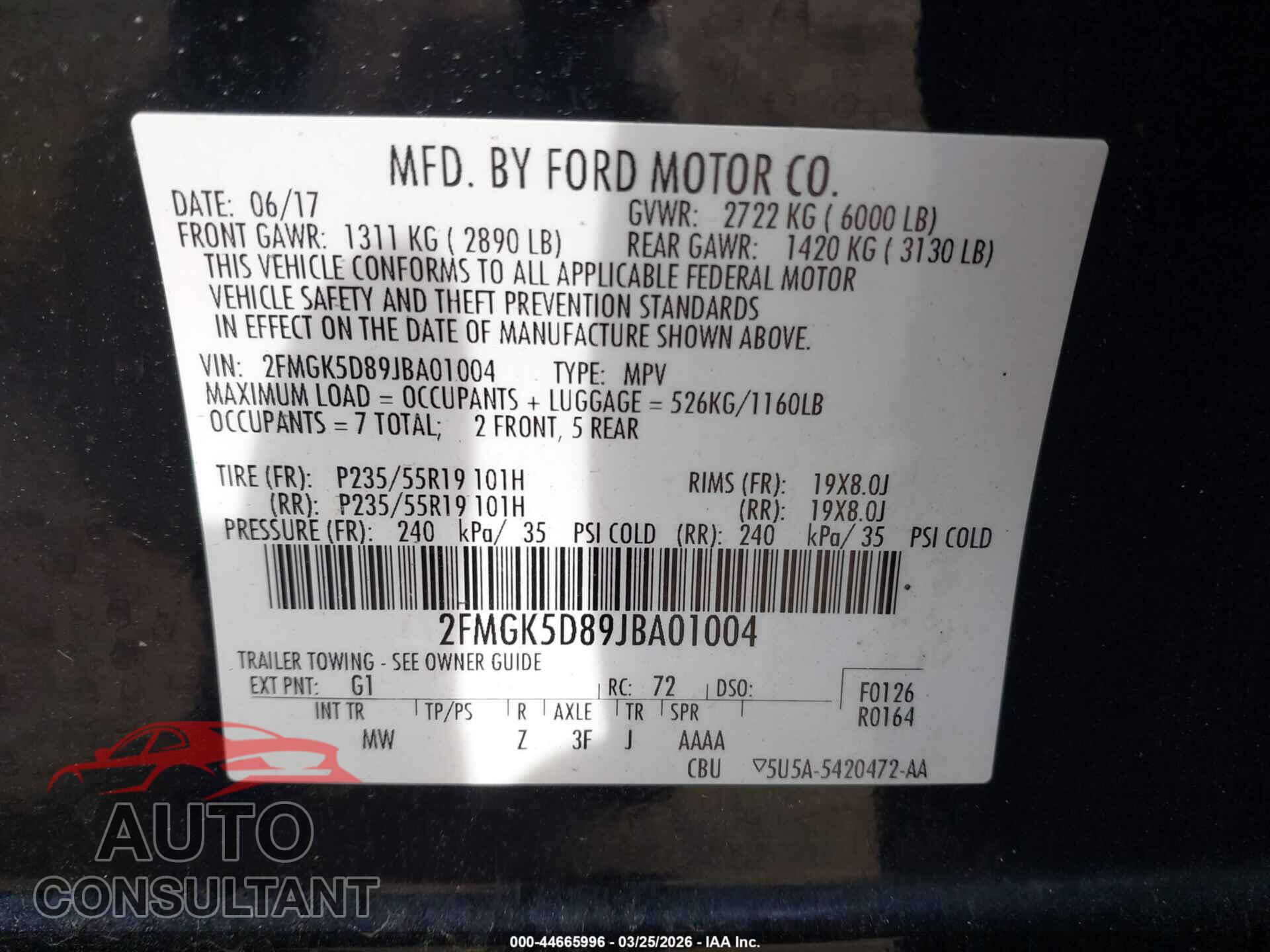 FORD FLEX 2018 - 2FMGK5D89JBA01004
