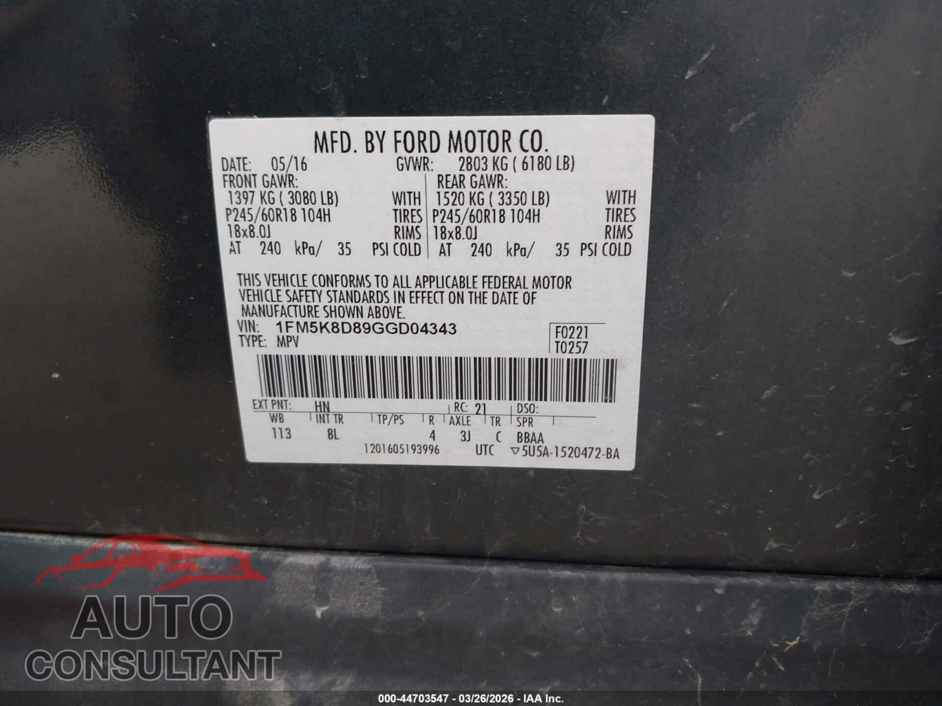 FORD EXPLORER 2016 - 1FM5K8D89GGD04343