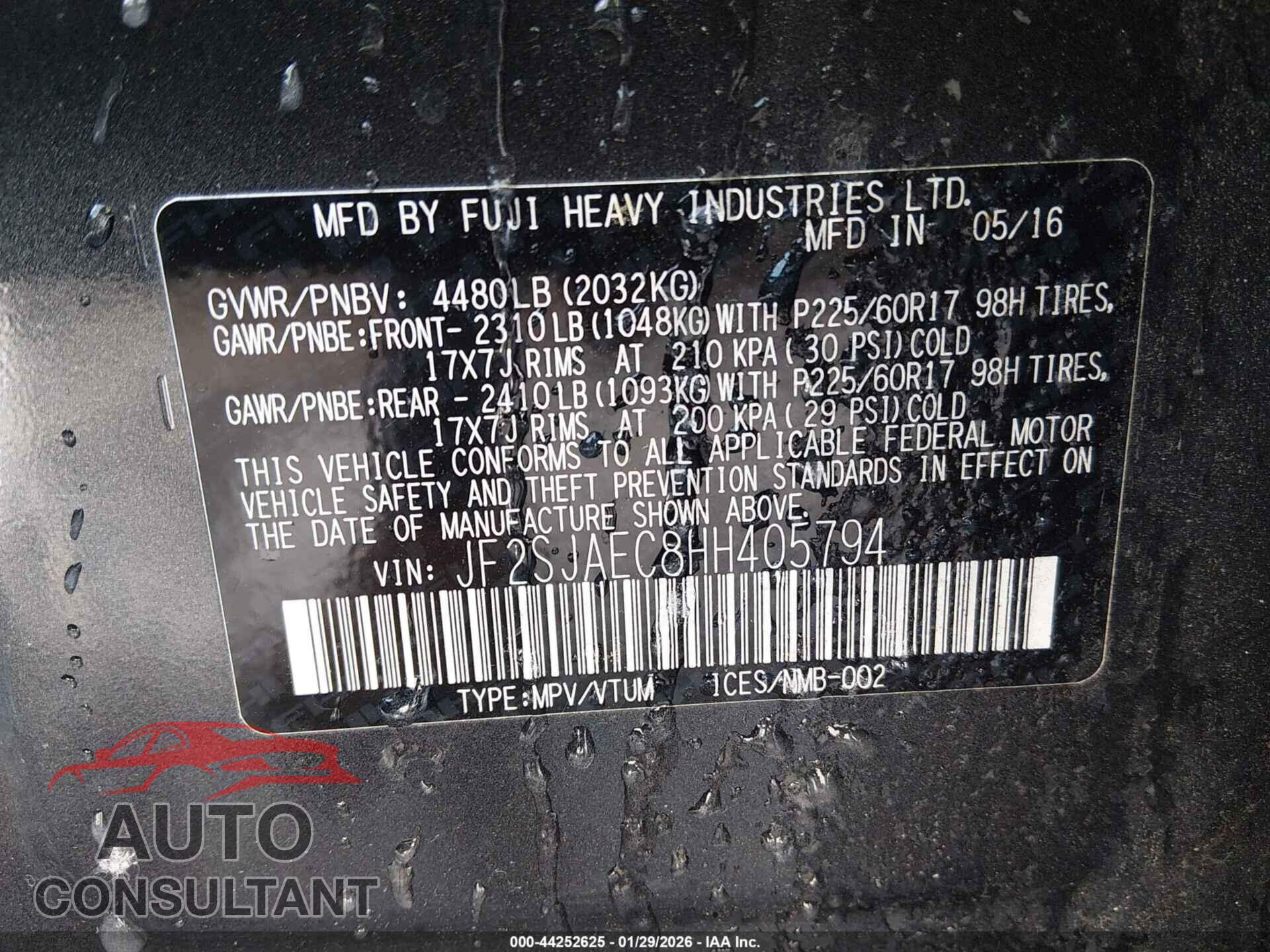 SUBARU FORESTER 2017 - JF2SJAEC8HH405794
