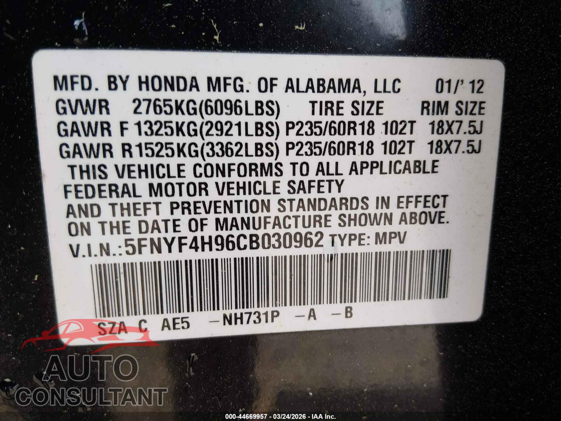 HONDA PILOT 2012 - 5FNYF4H96CB030962