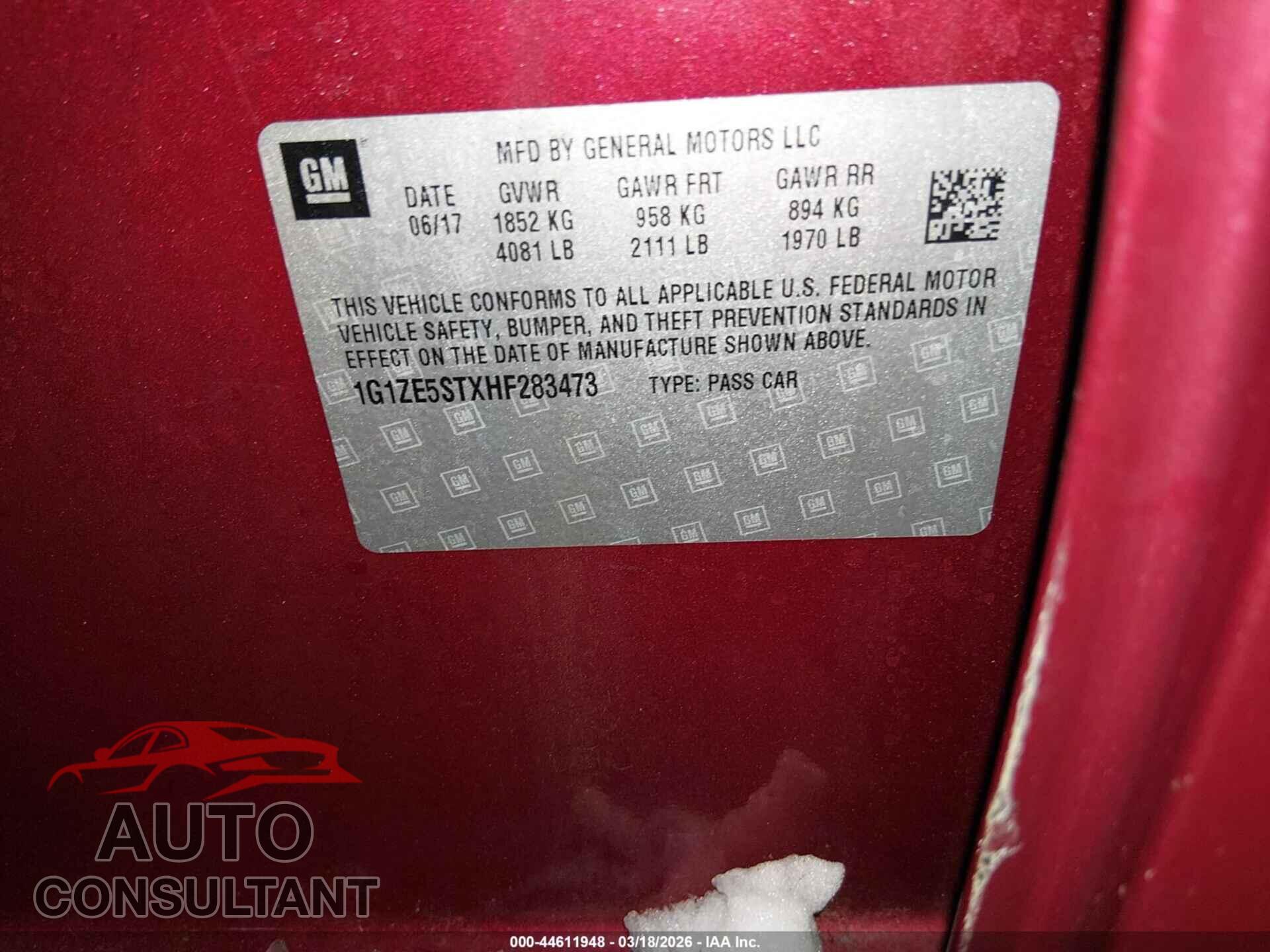CHEVROLET MALIBU 2017 - 1G1ZE5STXHF283473