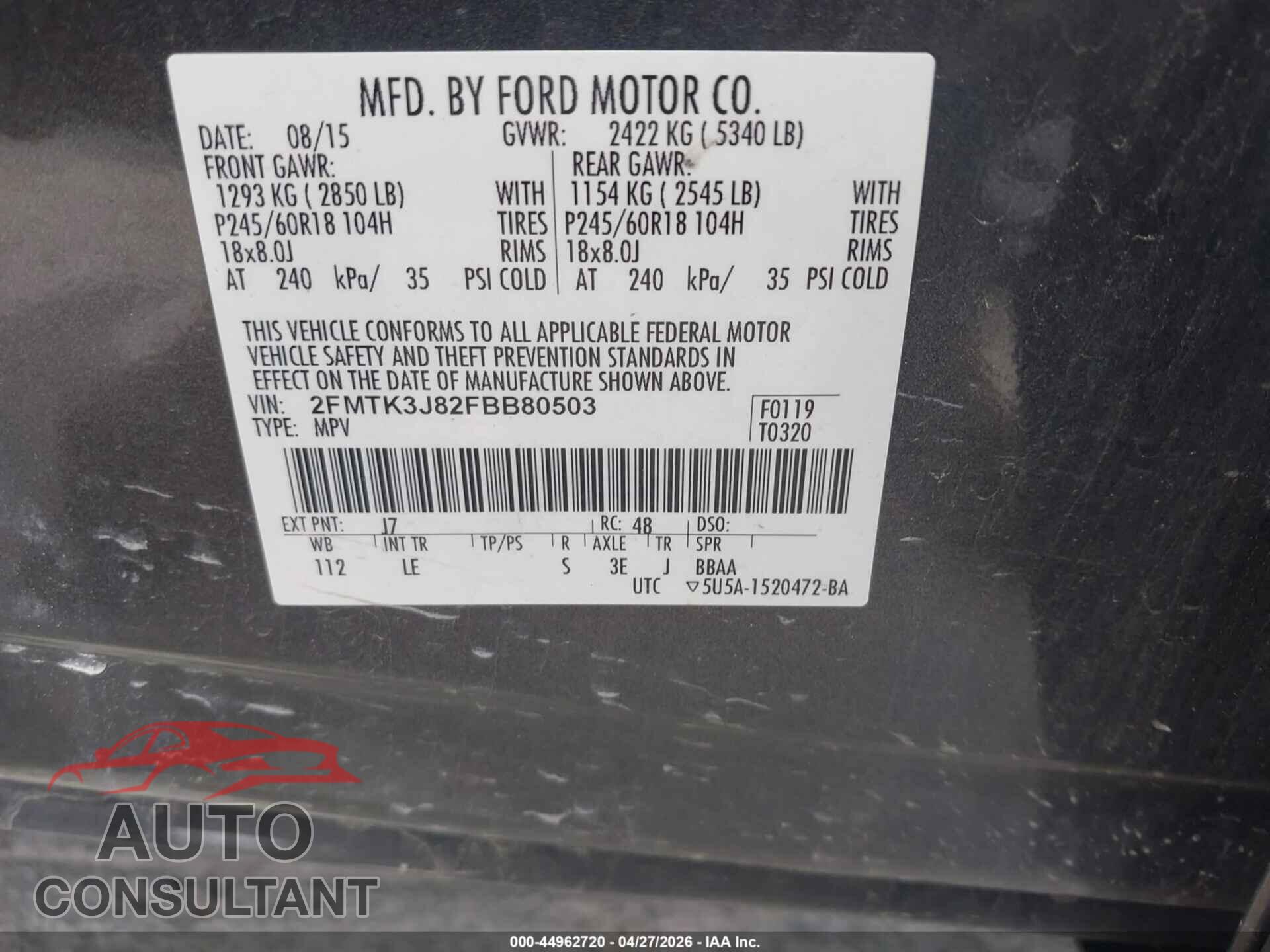 FORD EDGE 2015 - 2FMTK3J82FBB80503