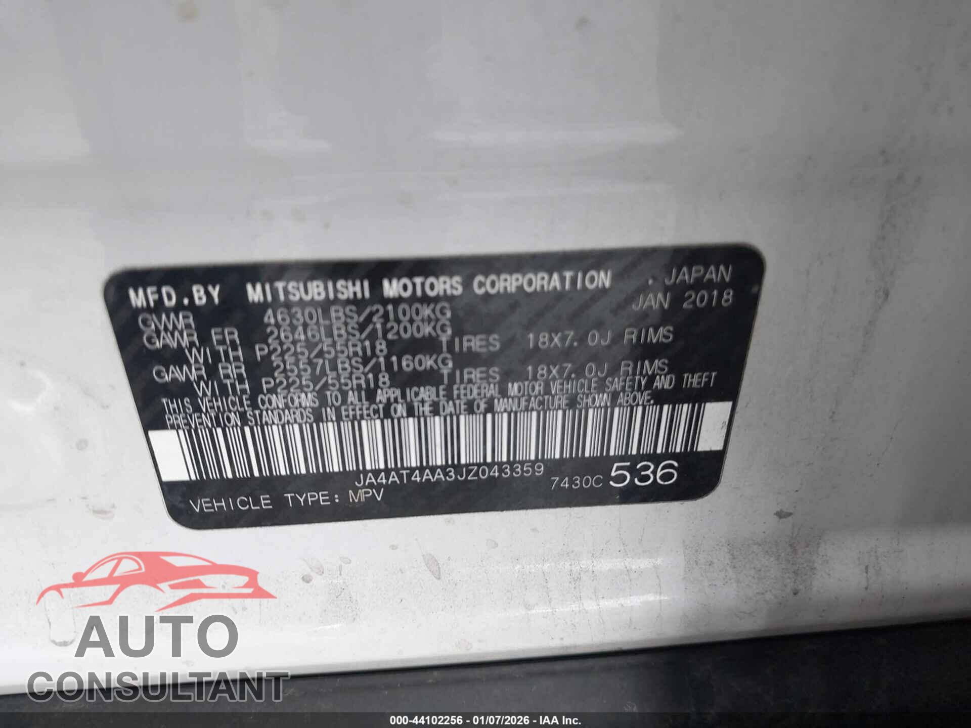 MITSUBISHI ECLIPSE CROSS 2018 - JA4AT4AA3JZ043359