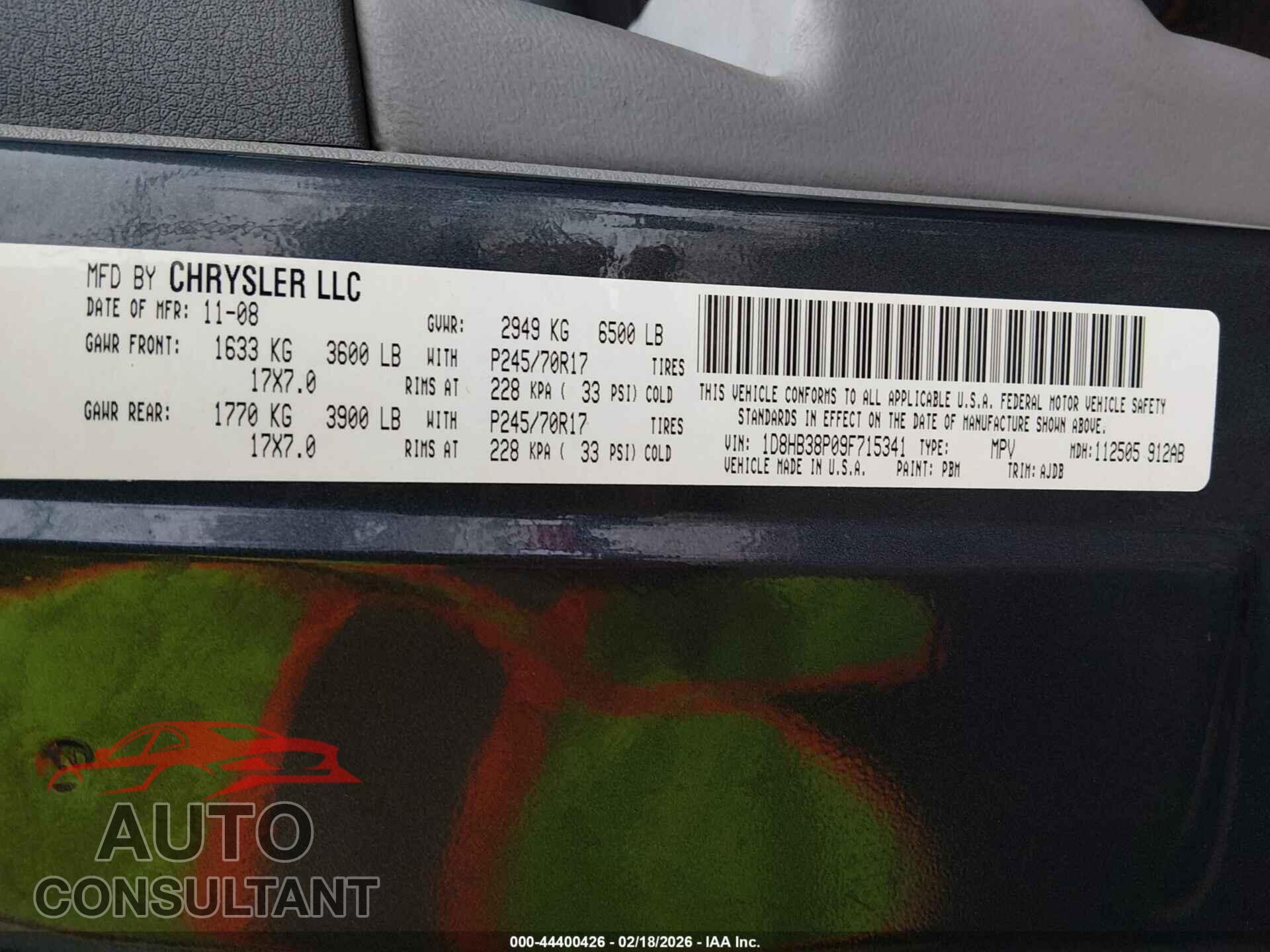 DODGE DURANGO 2009 - 1D8HB38P09F715341