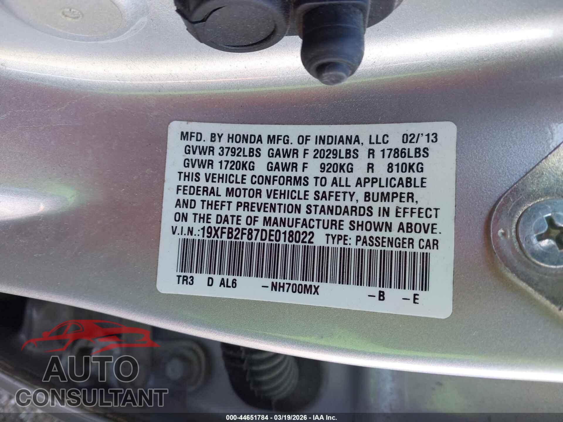 HONDA CIVIC 2013 - 19XFB2F87DE018022