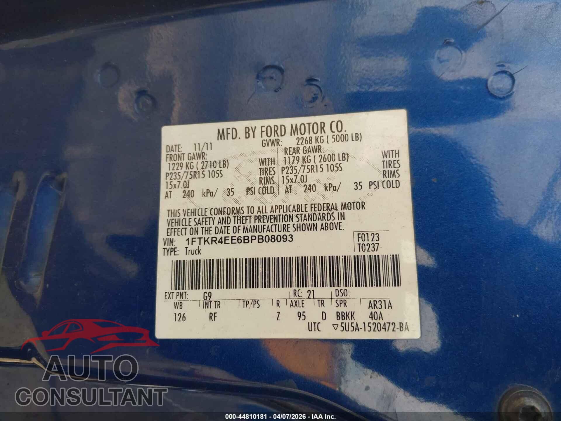 FORD RANGER 2011 - 1FTKR4EE6BPB08093
